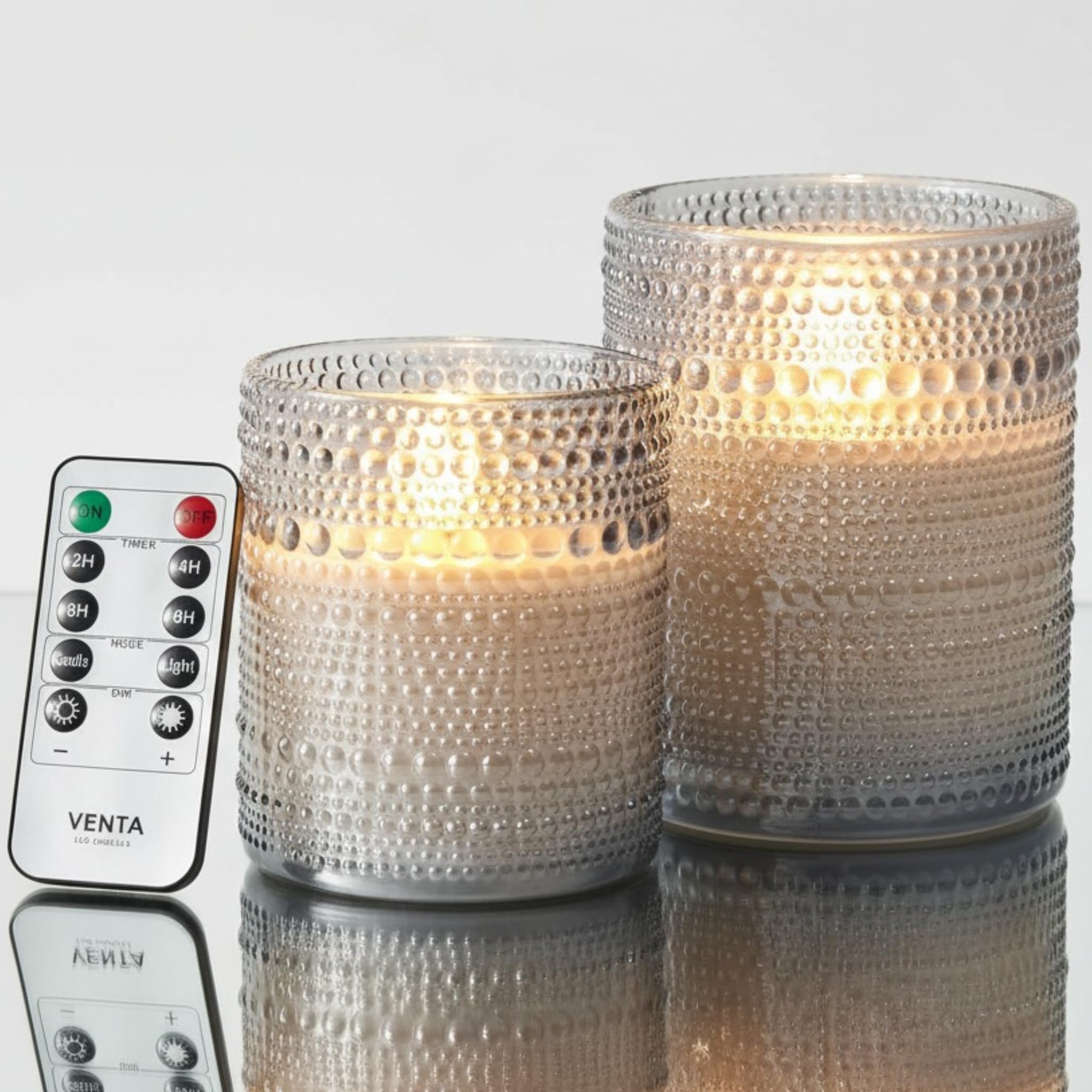 VENTA Stunning Grey Dotted Glass Flameless Candles 2-Pack with Realistic Flickering Glow | Includes Remote & Timer | Battery Operated LED Set for a Cozy & Chic Home Decor Accent Shevron Glass Grey