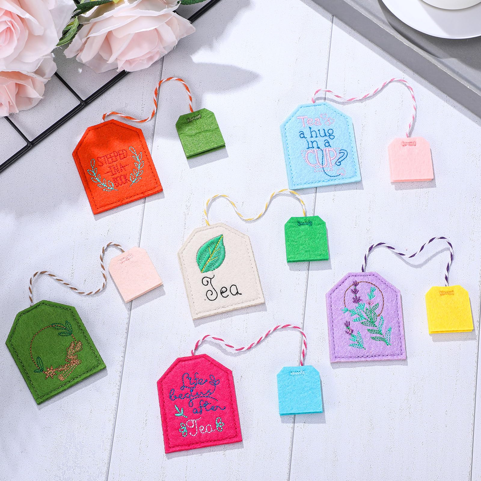 Skyygemm 6 Pcs Colorful Tea Bag Bookmarks for Women Tea Party Favors Cute Hand Embroidered Bookmarks Gift for Holiday Mom Women Book Reading Lovers