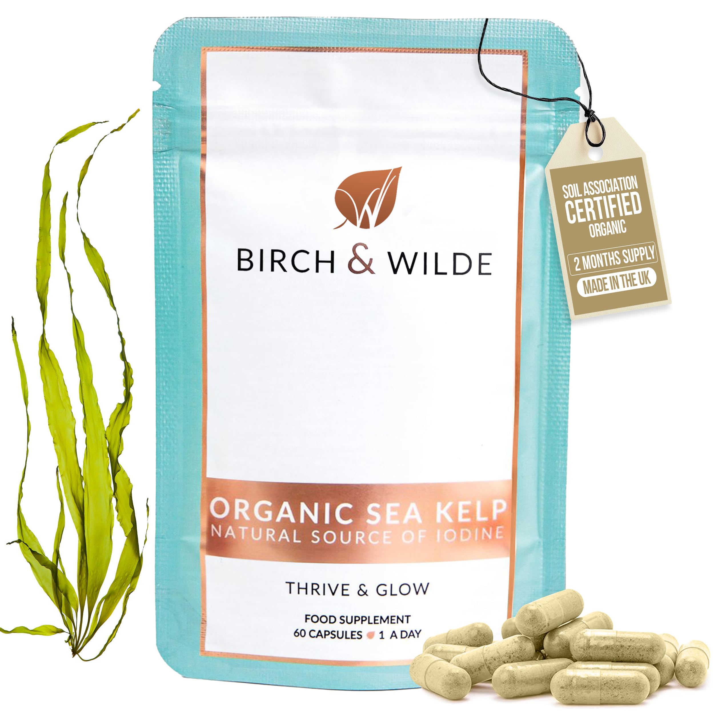 – Sea Kelp 500 mg with Iodine, High Strength Vegan Supplement for Thyroid Support and Skin, Soil Association Organic and Made in UK, 60 Capsules (2 Months Supply)