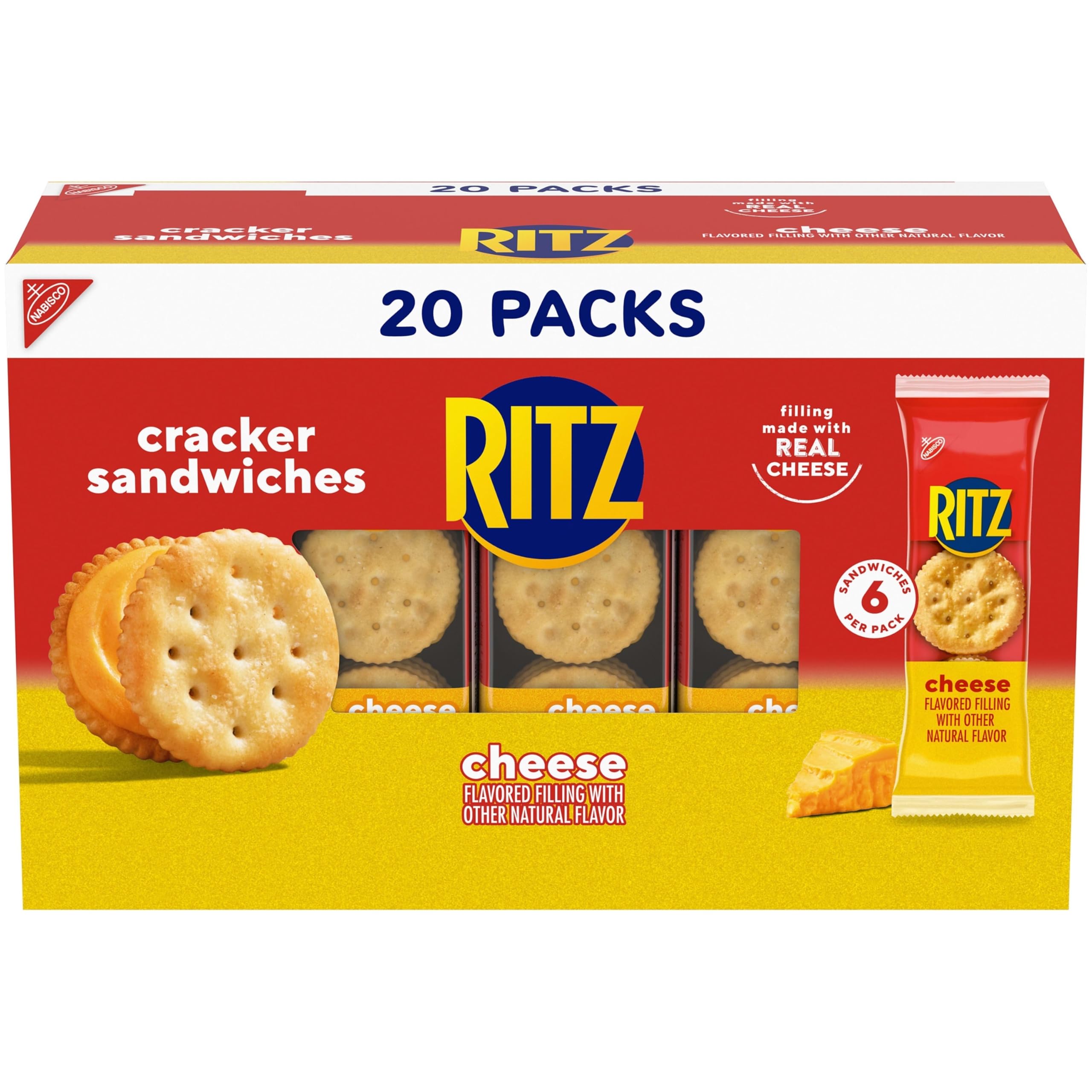RITZ Galletas de sándwich de queso, 20 paquetes de aperitivos (6 galletas por paquete)
