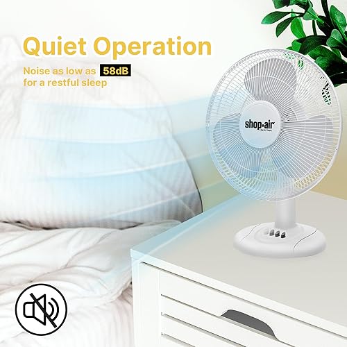 Miniatura 4 de Shop-Air Ventilador de mesa oscilante de 16 pulgadas, 3 velocidades, circulación de aire silenciosa y potente, inclinación de cabeza ajustable de