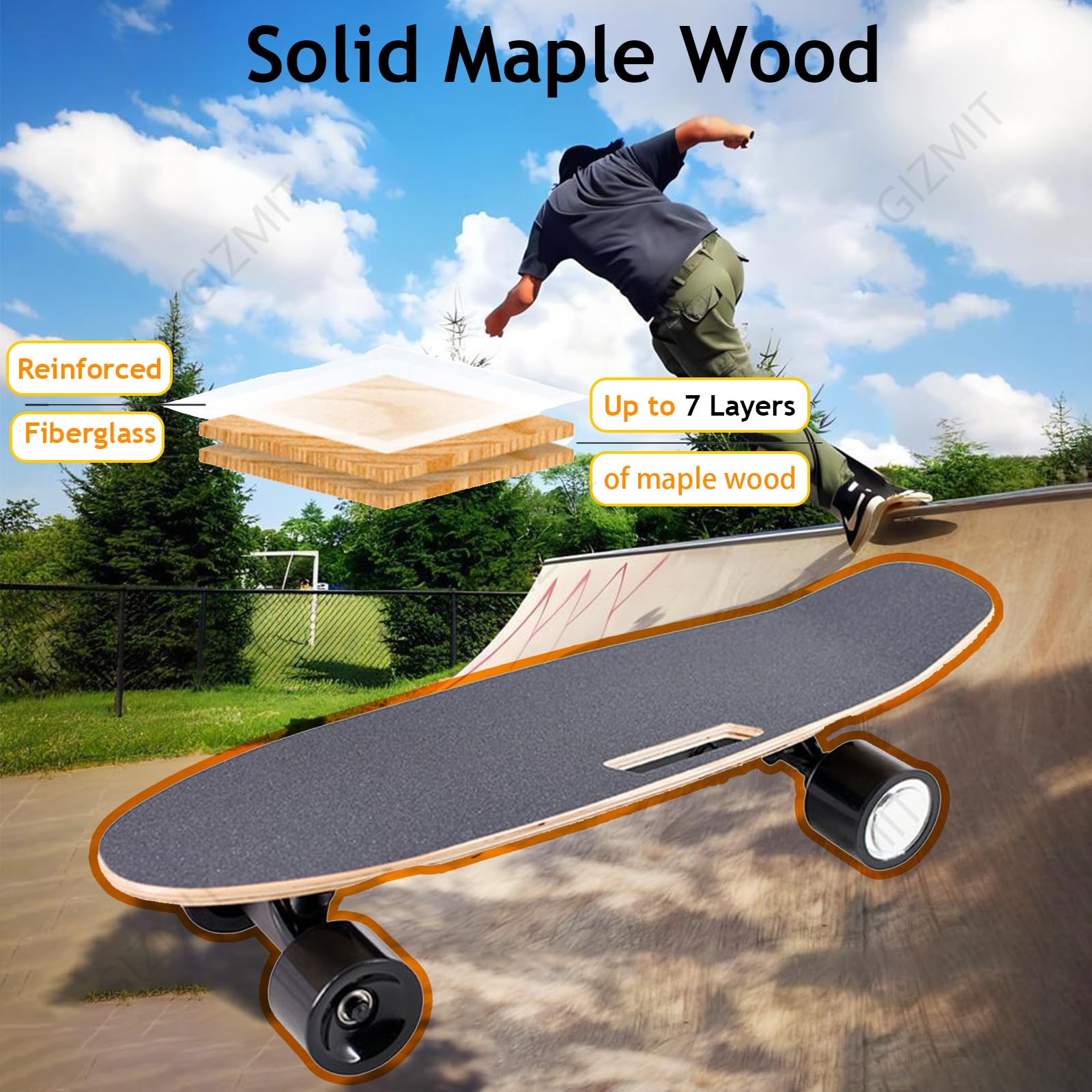 Skateboard électrique Tout-Terrain, avec télécommande et Moteur de 450 W, 3 Modes, Vitesse maximale de 24 km/h, Plateau à 7 Couches, idéal pour Les débutants et Les Adolescents
