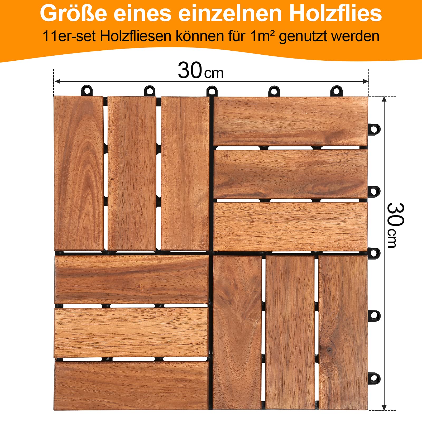 Baldosas de madera de acacia para suelo, 11 unidades, 30 x 30 cm, 1 m², sistema de ensamblaje, resistentes a la intemperie, recortables, fáciles de colocar, para patio, balcón y jardín, marrón