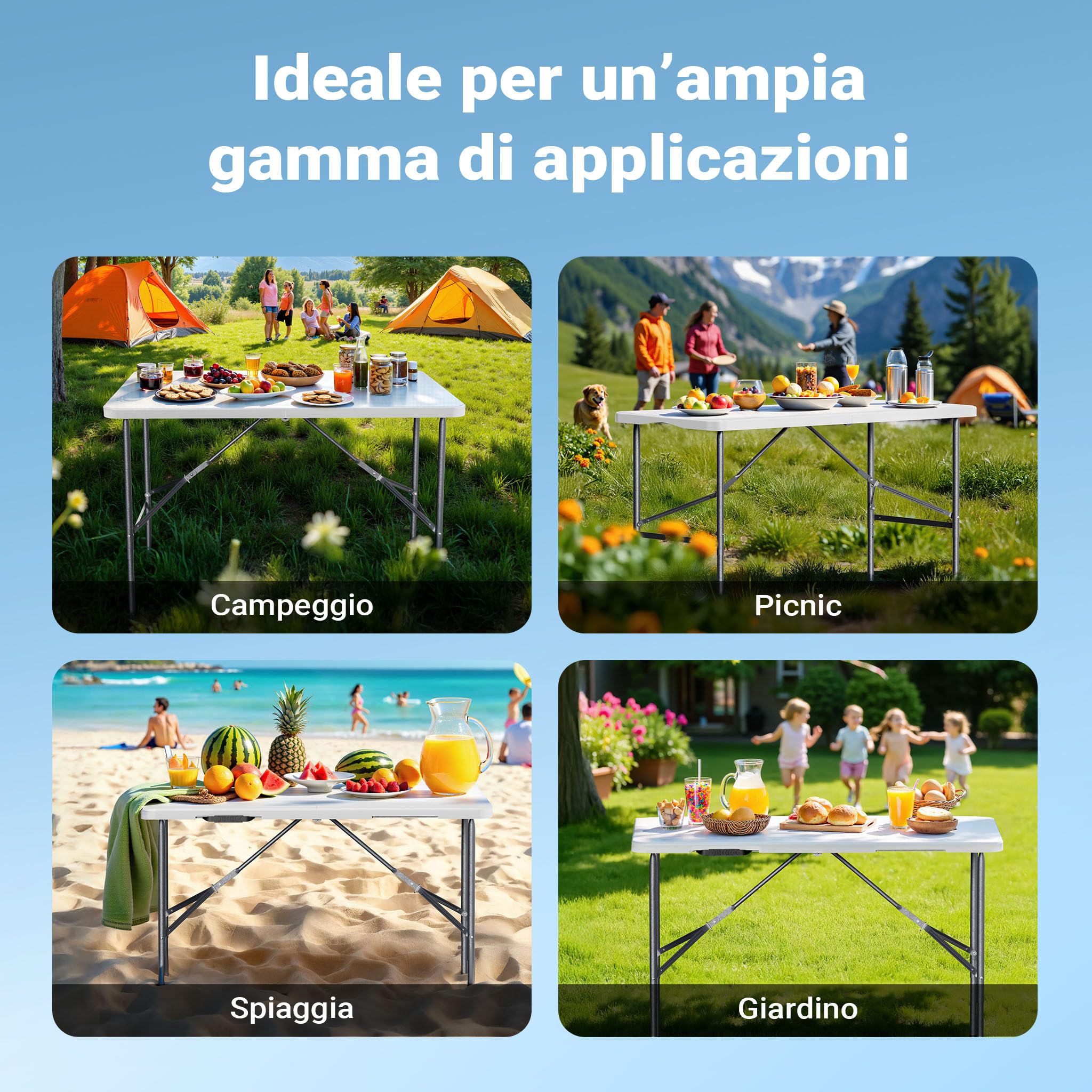 Wiltec Tavolo da campeggio richiudibile 122x60x75cm bianco per giardino esterno