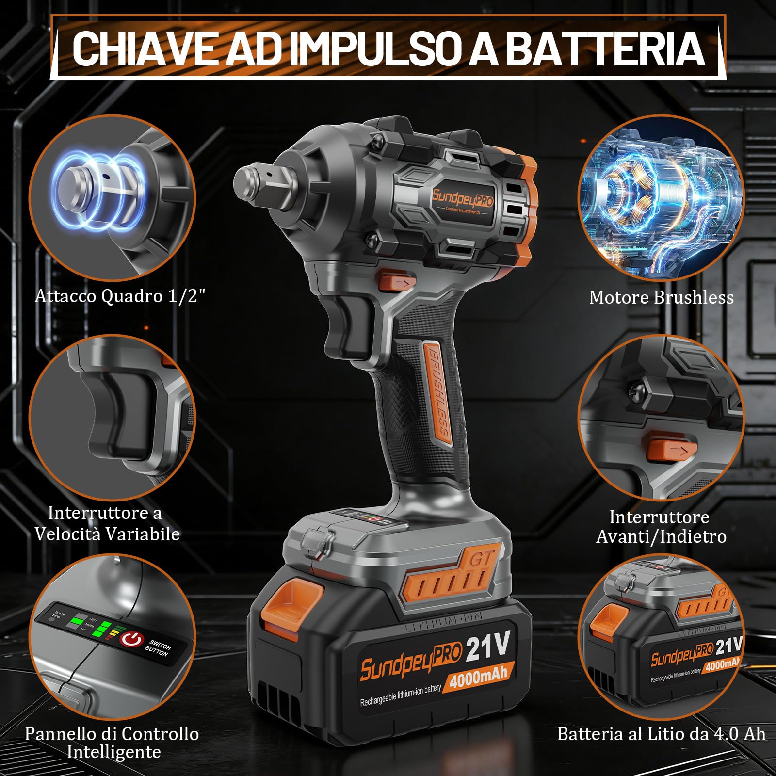 Avvitatore a Impulsi Brushless 1000 Nm, 21V Avvitatore a Percussione con 2 Batterie 4.0Ah, Avvitatore ad Impulsi 2800 RPM con 6 Bussole e Caricatore Rapido e Luci a LED per Auto e Casa