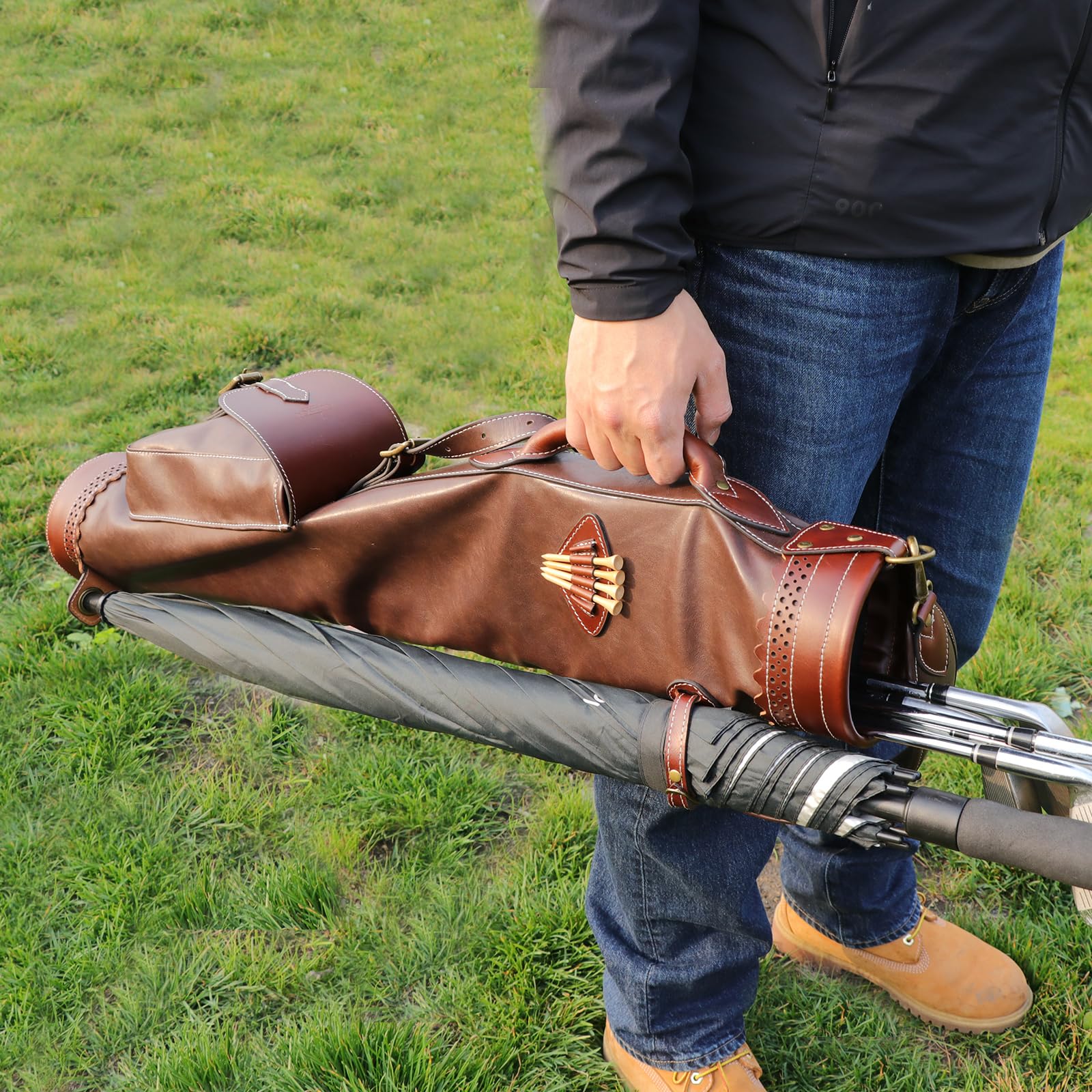 Tourbon Vintage Golf Sonntag Tragetasche mit Balltasche, tragbare Golfschläger-Reisetasche für Tauchbereich