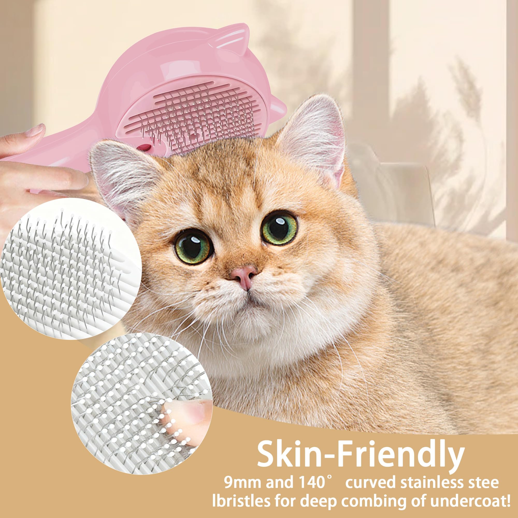 Haustier-Dampfbürste für Katzen und Hunde, 3-in-1-Pflegekamm, reduziert Haarausfall, weiche Borsten, fördert gesundes Fell, inklusive wasserlosem Shampoo, Rosa