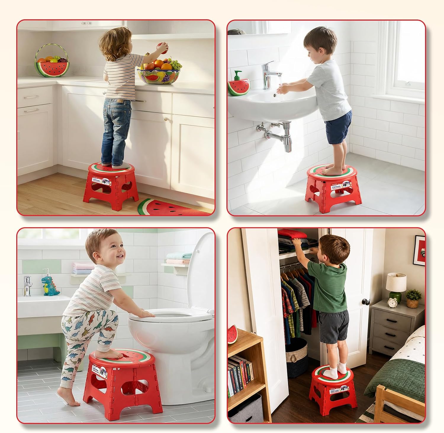 9 Inch Folding Step Stool for Kids, Sturdy Collapsible Step Stool Foldable Up to 300 lbs for Toddlers, Non Slip Foot Stools with Handle for Kitchen, Bathroom, Bedroom, Outdoor, Watermelon Red