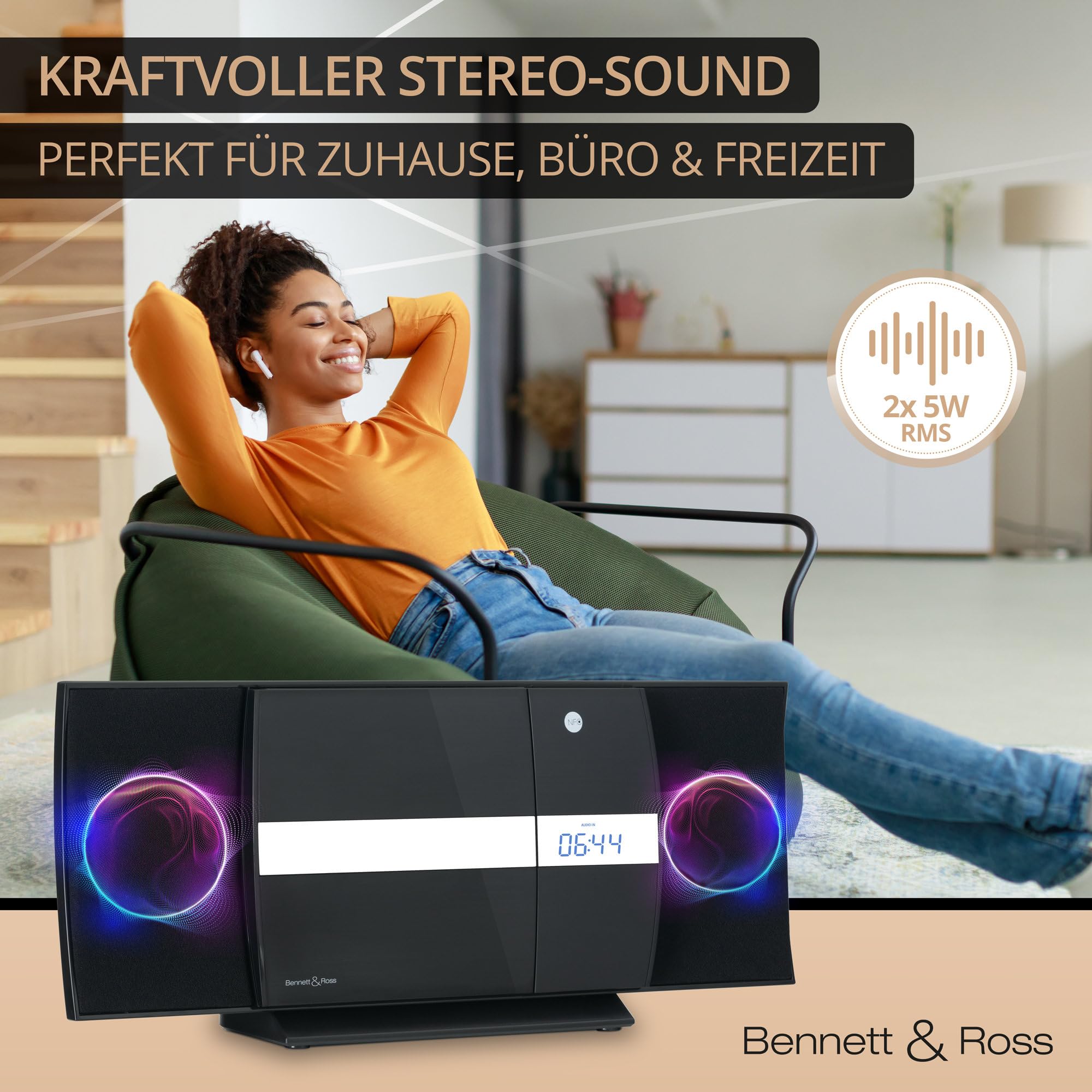 Bennett & Ross Ålesund Impianto stereo verticale - Microchaîne hi-fi avec lecteur CD, MP3, fonction UKW, USB et Bluetooth avec NFC - Installation sur pied ou murale - Telecomando incluso - Nero