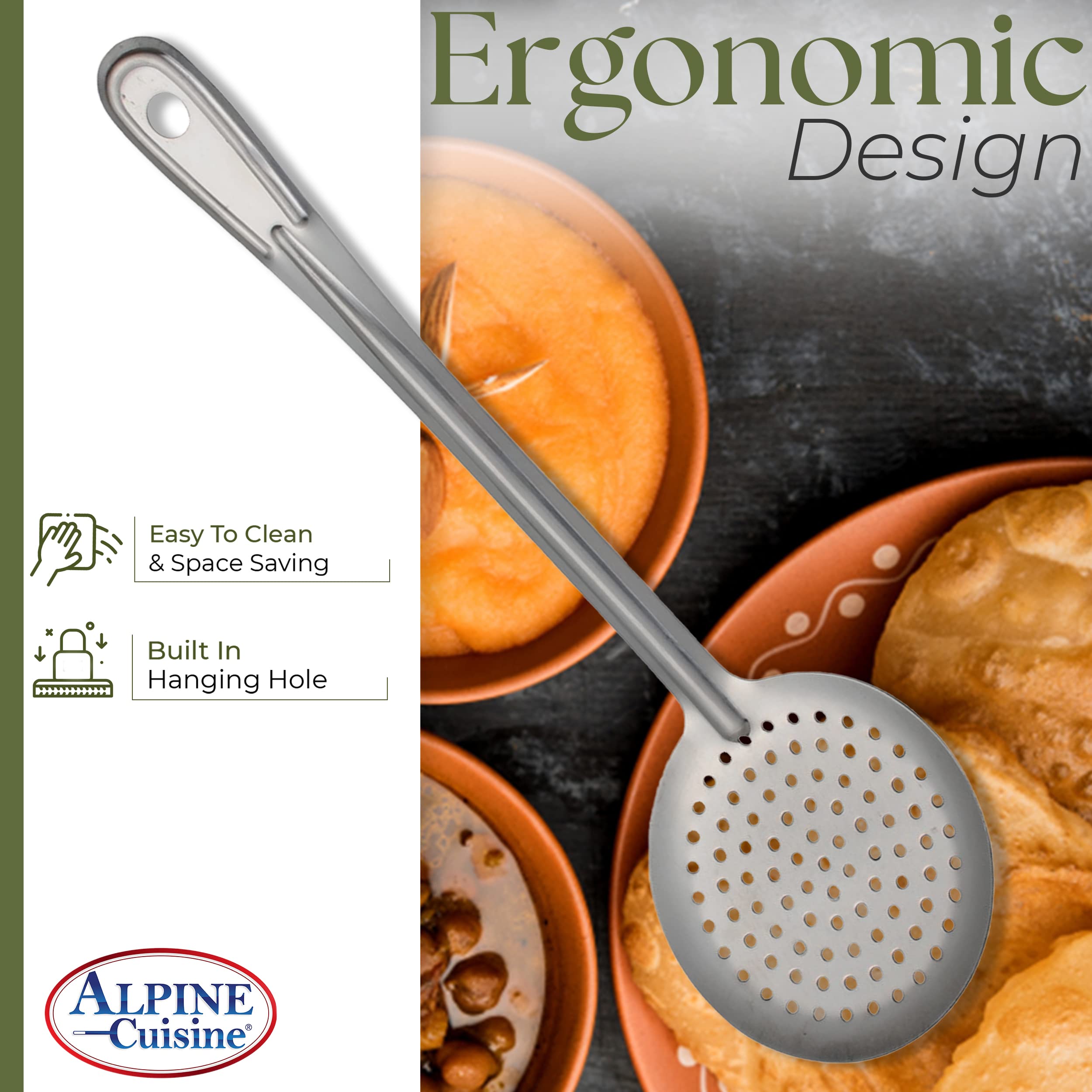 Alpine Cuisine Skimmerlöffel aus Edelstahl, 33 cm – rostfrei, integriert, langlebiger Schaumlöffel mit ergonomischem Vakuumgriff – Komfortables Griff-Design für die Küche