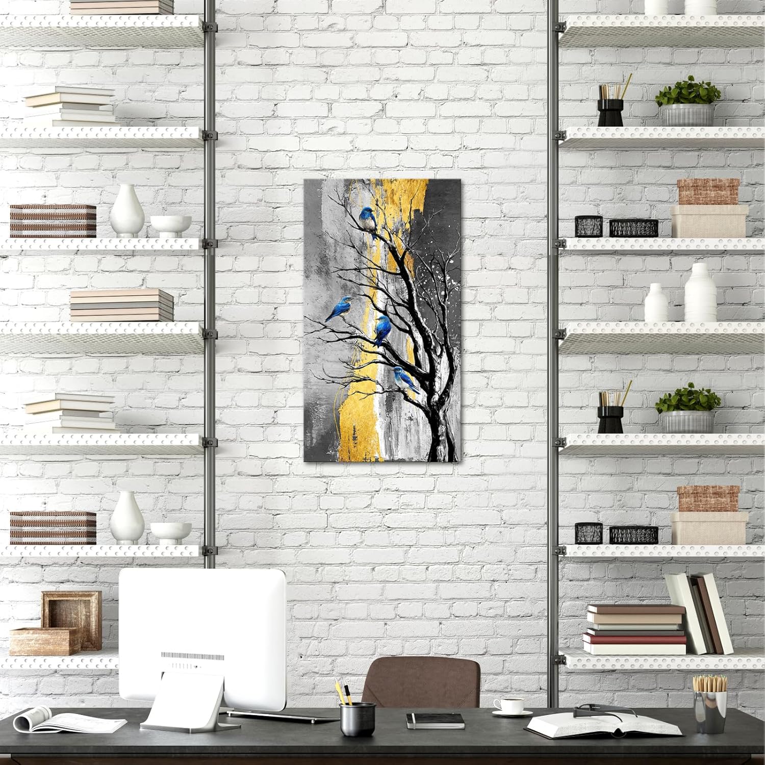 Kalormore Modern Blue Birds on Tree Branch Wall Art Abstract Gray and Yellow Picture Prints 20"x36" Stretched and Framed Ready to Hang
