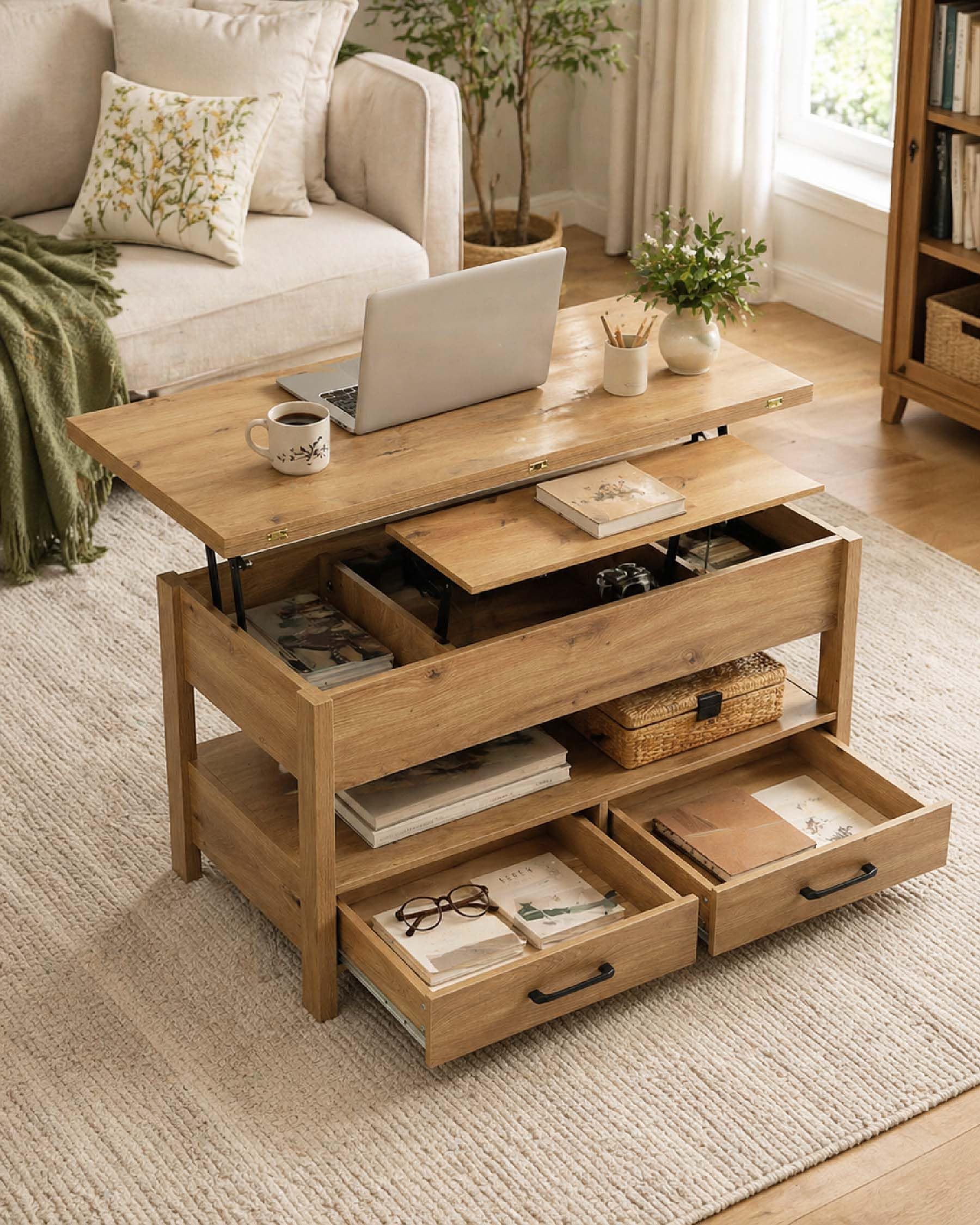 Mesa de Centro Elevable y Extensible, Coffee Table con Altura Regulable, Mesa Auxiliar Sofa con 2 Cajones, 2 USB y 2 Enchufes, Luz LED, Madera