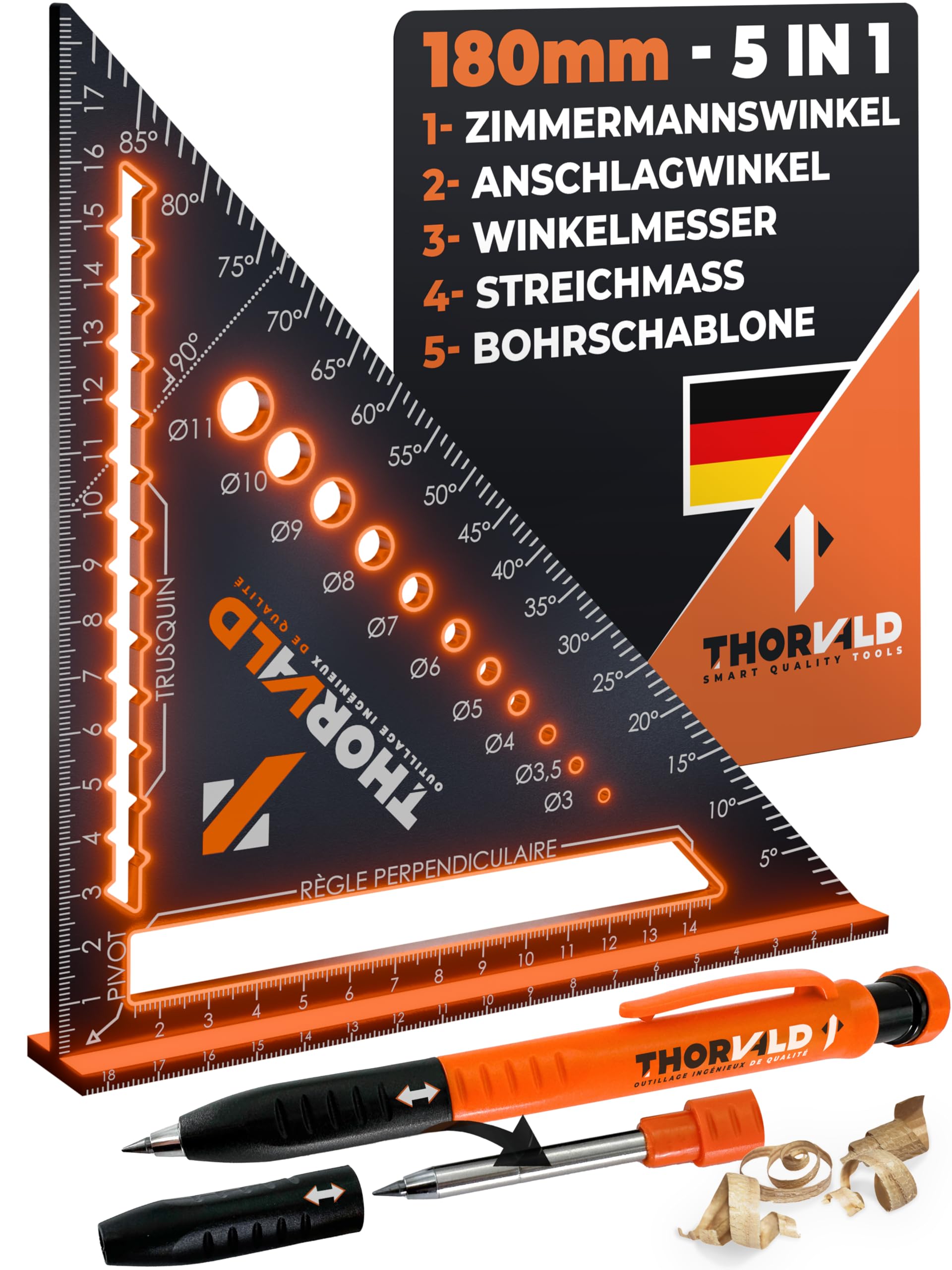 THORVALD 5 in 1 Speed Square 180 mm + Carpenter's Pencil - Multipurpose: Marking Gauge/Protractor/Drilling Jig/Try Square - Aluminium - Time-Saving Tool