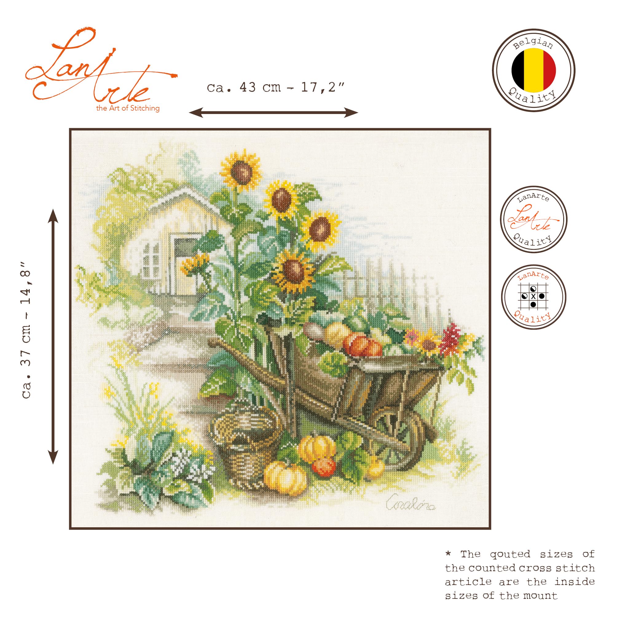 Lanarte Kreuzstich Stickpackungen Gezählter Kreuzstichbilder Set SCHUBKARRE UND SONNENBLUMEN Wanddekoration Handarbeit Set für Erwachsene 43 x 37 cm DIY Deko Bastelset Handwerker Kreative Geschenkset