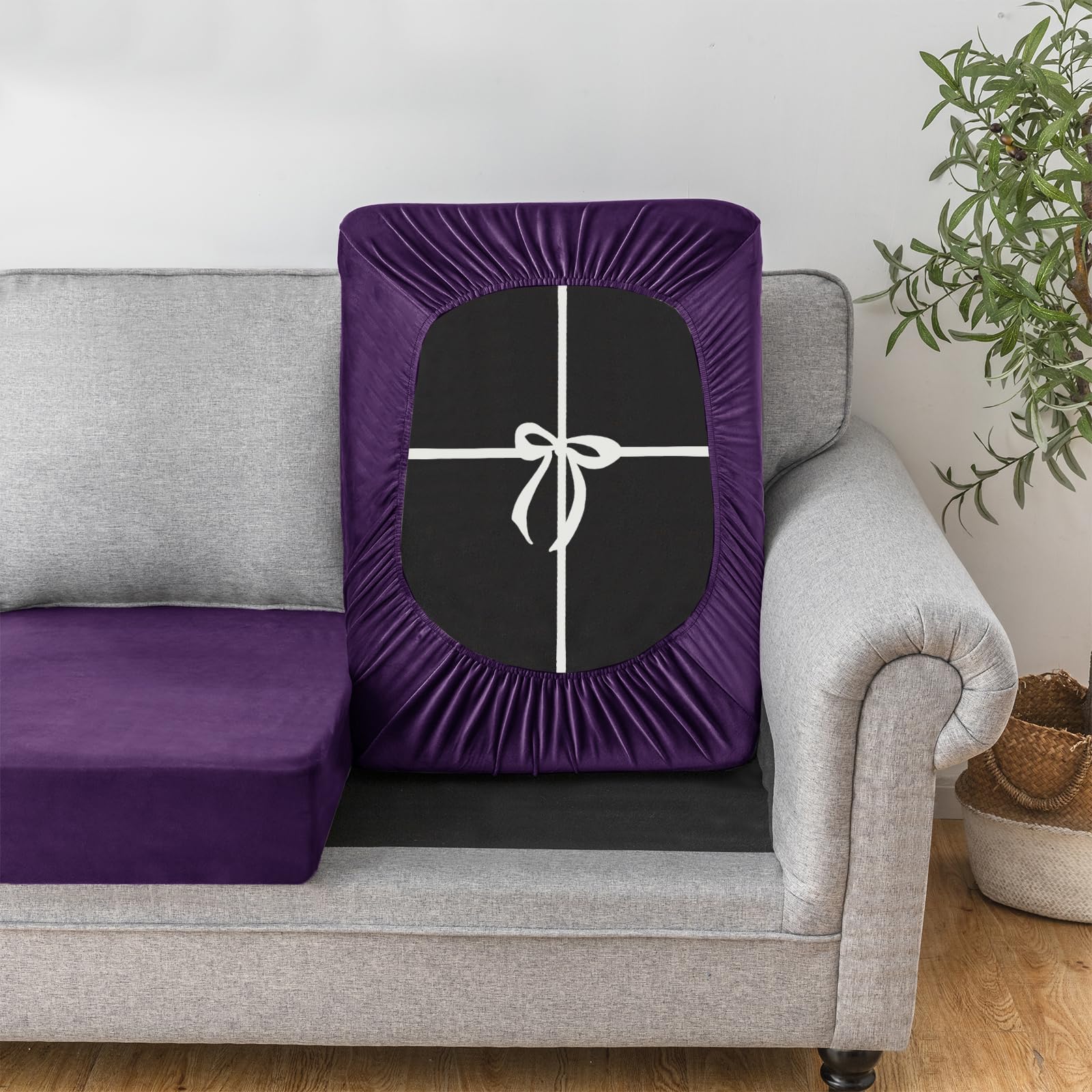 UNBBRRL Sofa Cushion Cover Stretch Velvet, Removable Sofa Seat Cushion Cover With Ties, Sofa/Couch/Settee Covers Furniture Protector replacement (purple,W(160-220cm),D(65-90cm)) โ image 1