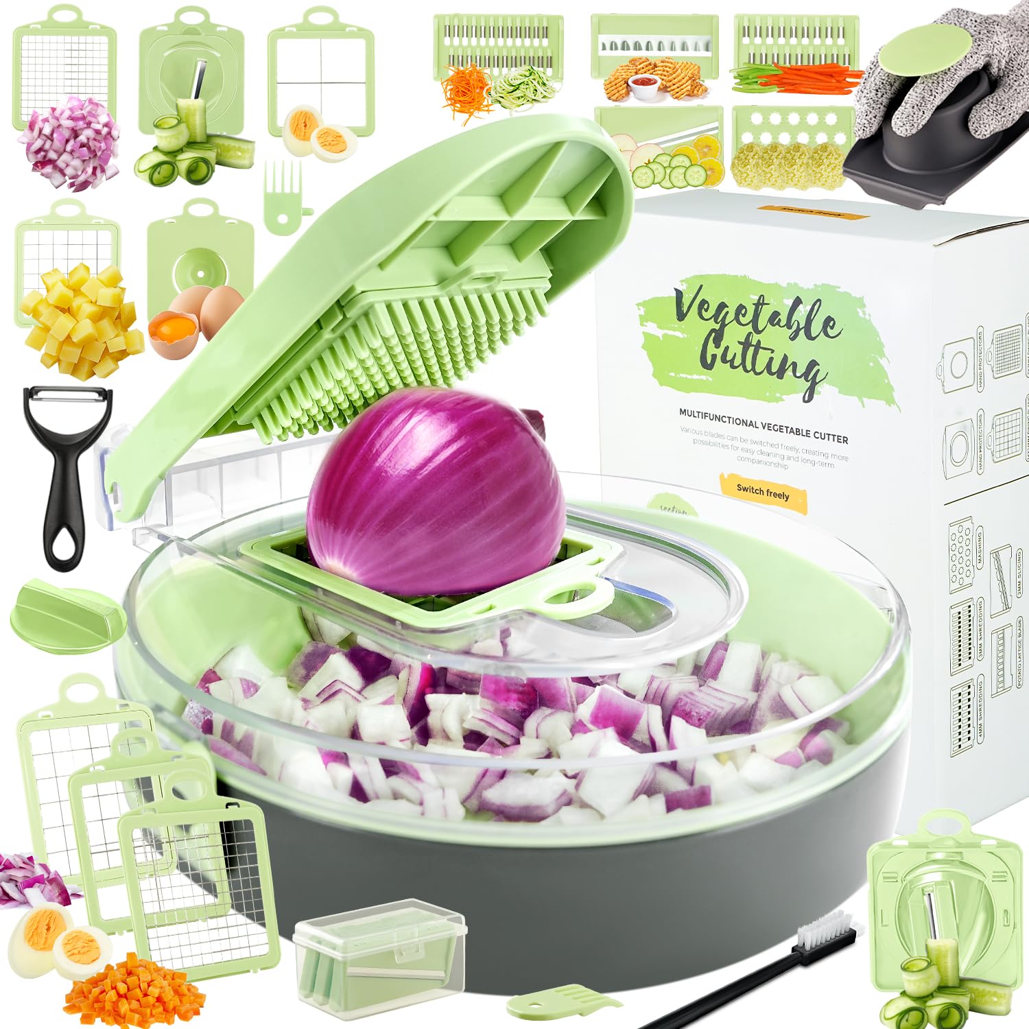 Enleber Vegetable Chopper Kitchen Vegetable Slicer & Spiralizer,Manual Mandolin Slicer,Potato Slicer Veg Cutter Salad Julienne,Food Container All in ONE Slicer (Green)