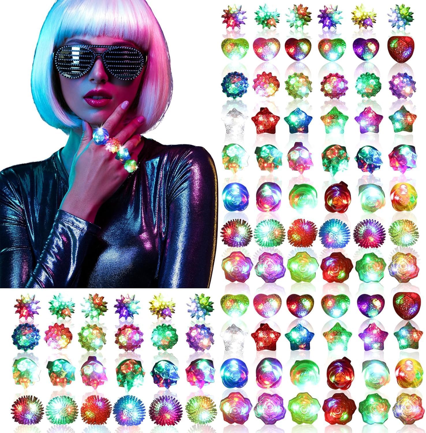 100 Pack Light Up Rings, Glow in The Dark Party Favors, 8 Style Flashing LED Jelly Finger Rings for Concert, Goodie Bag Fillers, Classroom Prizes,Raves, Halloween