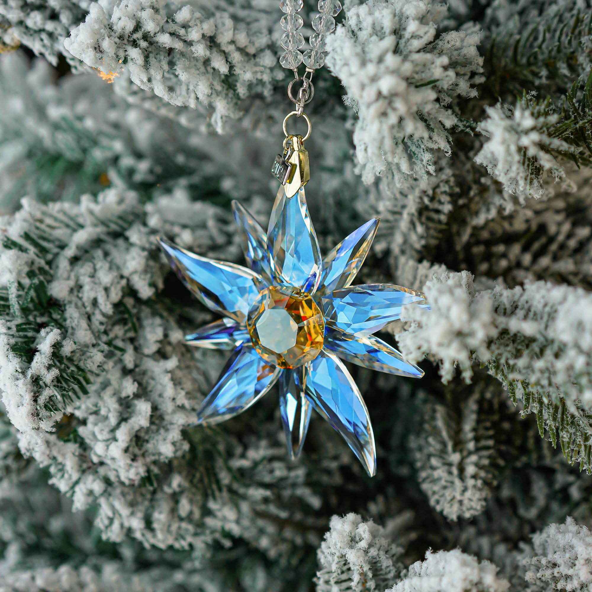 2024 Ornamenti di Natale in vetro a forma di stella alpina in cristallo dorato ornamento fiocco di neve per albero di Natale ciondolo in cristallo Sun Catcher Hanging Decor