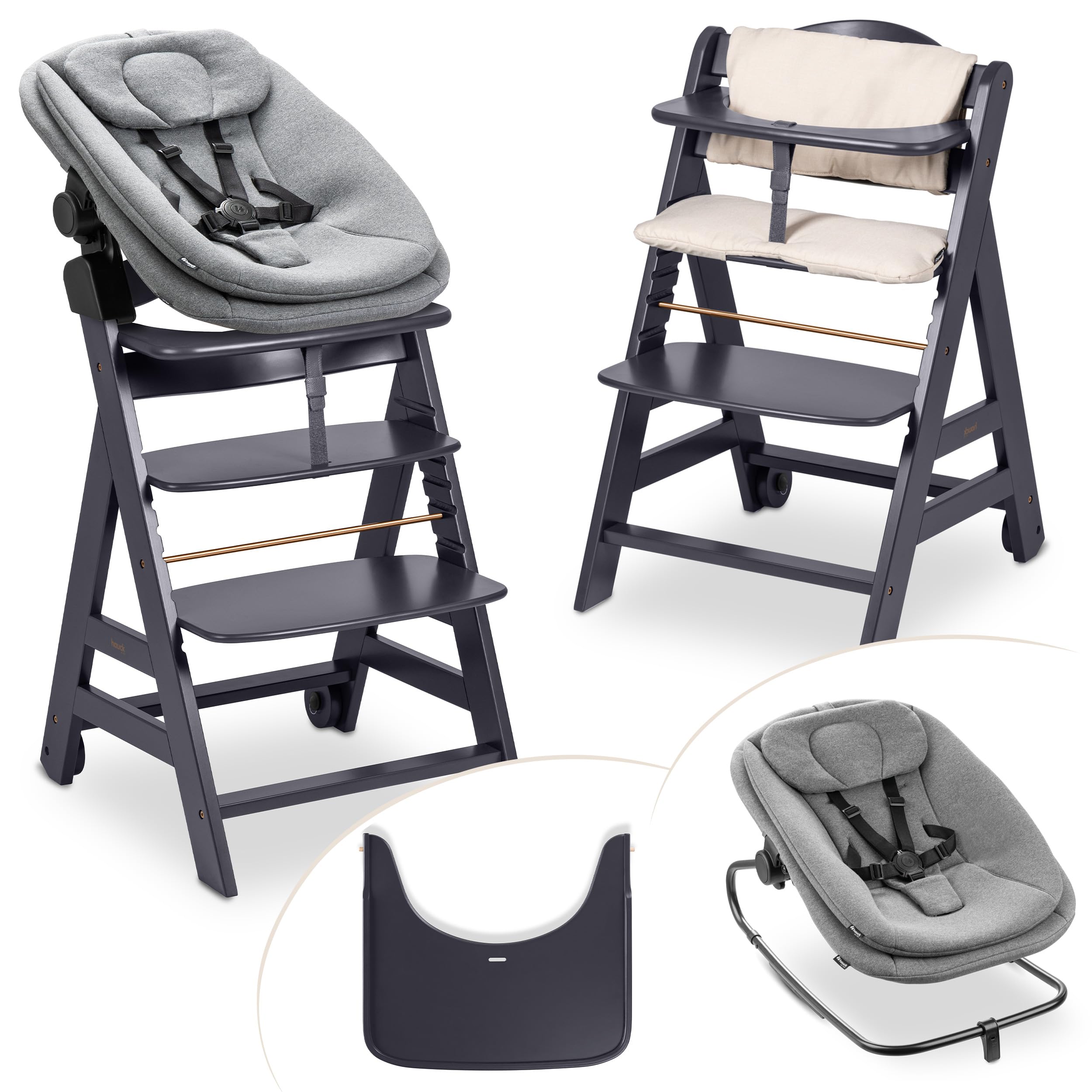 hauck Beta+ Hochstuhl Newborn Set mit Highchair Bouncer - Dark Grey | Mitwachsender Holz Kinderhochstuhl mit Rollen ab Geburt bis 90 kg