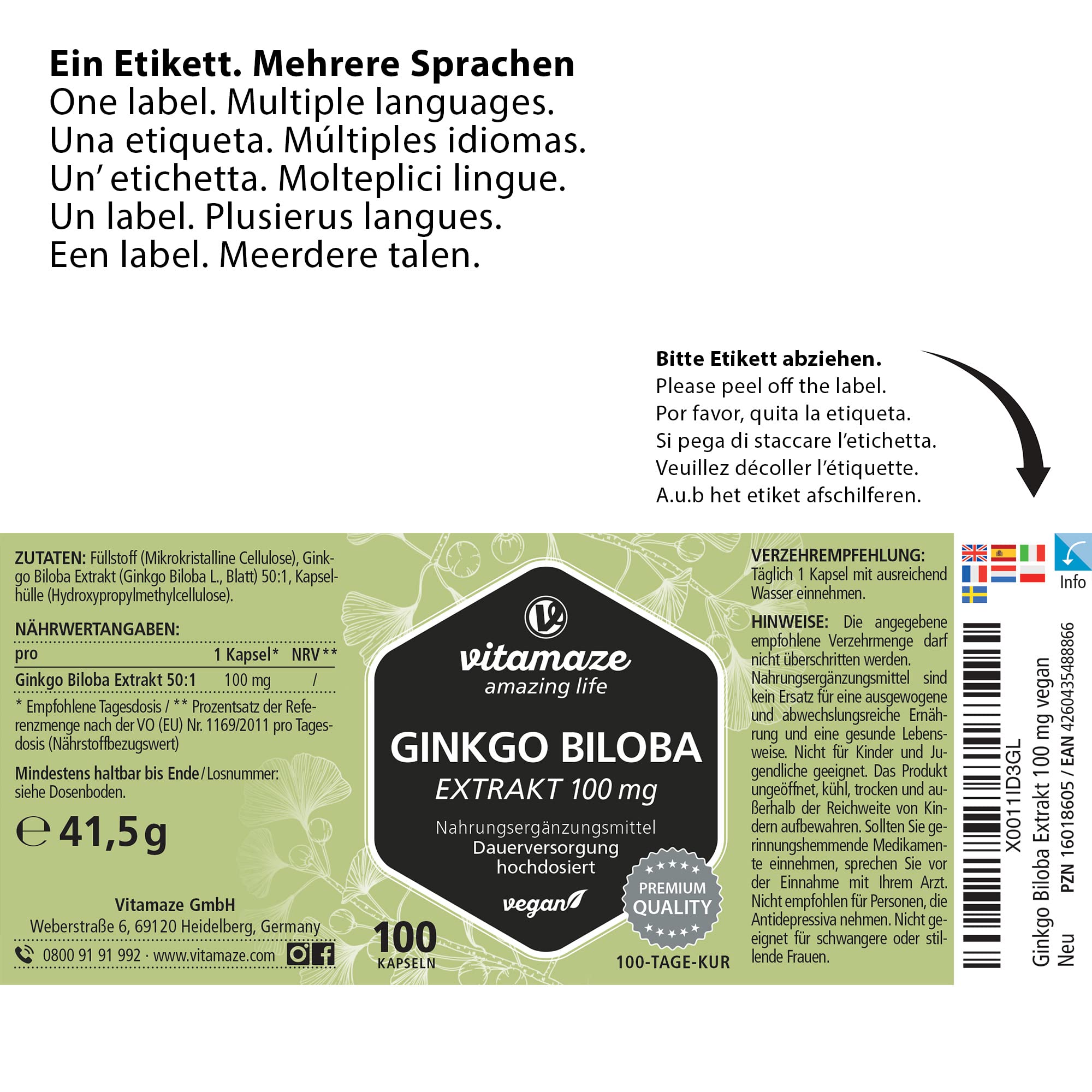 Ginkgo Biloba 50:1 Estratto 100 mg = 5000 mg Polvere di Foglie di Ginkgo Puro per Capsula Vegana, 100 Capsule per 100 Giorni, Integratore Alimentare senza Additivi non Necessari