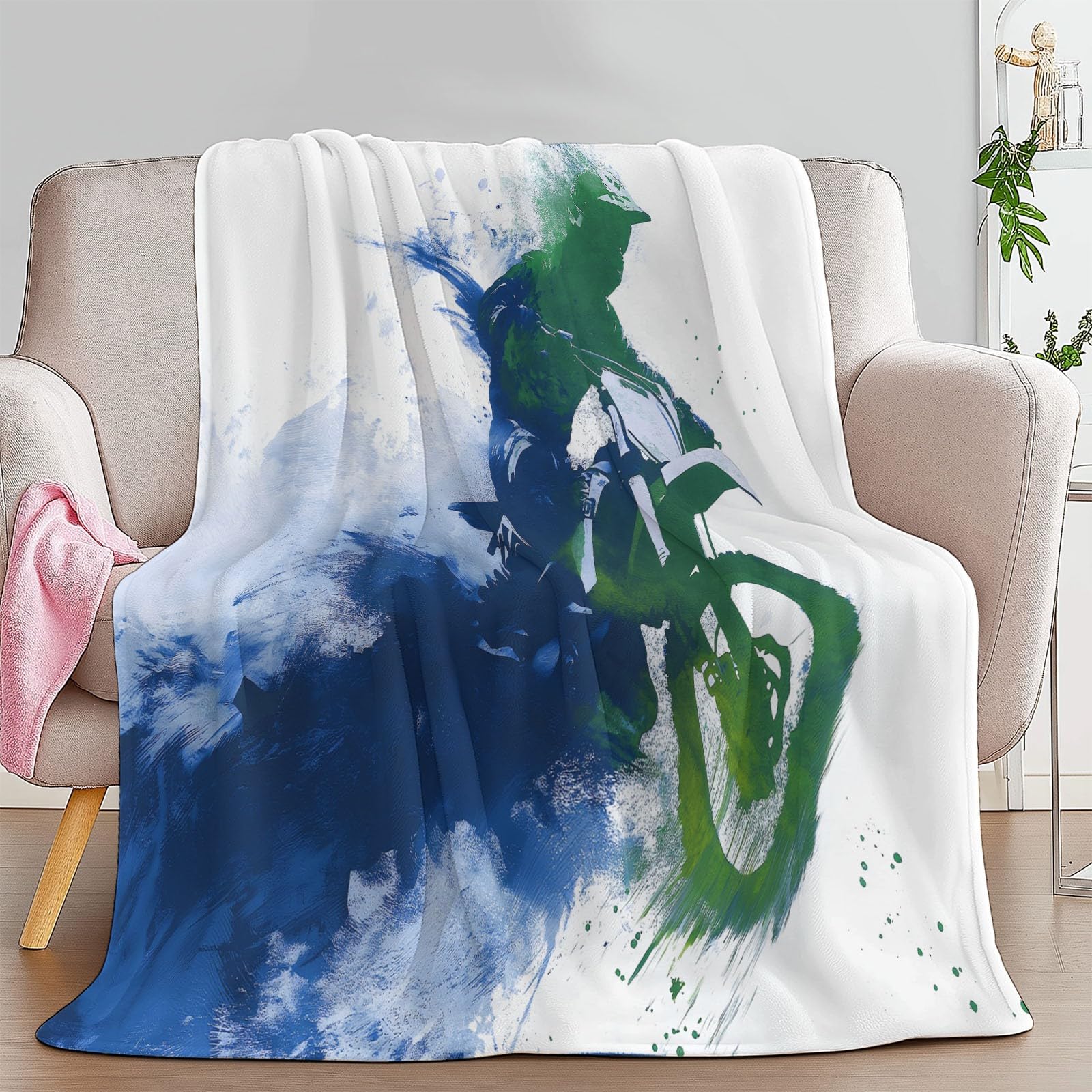Sztuka abstrakcyjna, ultramiękki koc flanelowy, narzuta, 220 x 240 cm, pluszowy i ciepły, abstrakcyjny, zielony, niebieski, terenowy, motocykl, lekki koc na łóżko, na sofę, podróż i dla dzieci