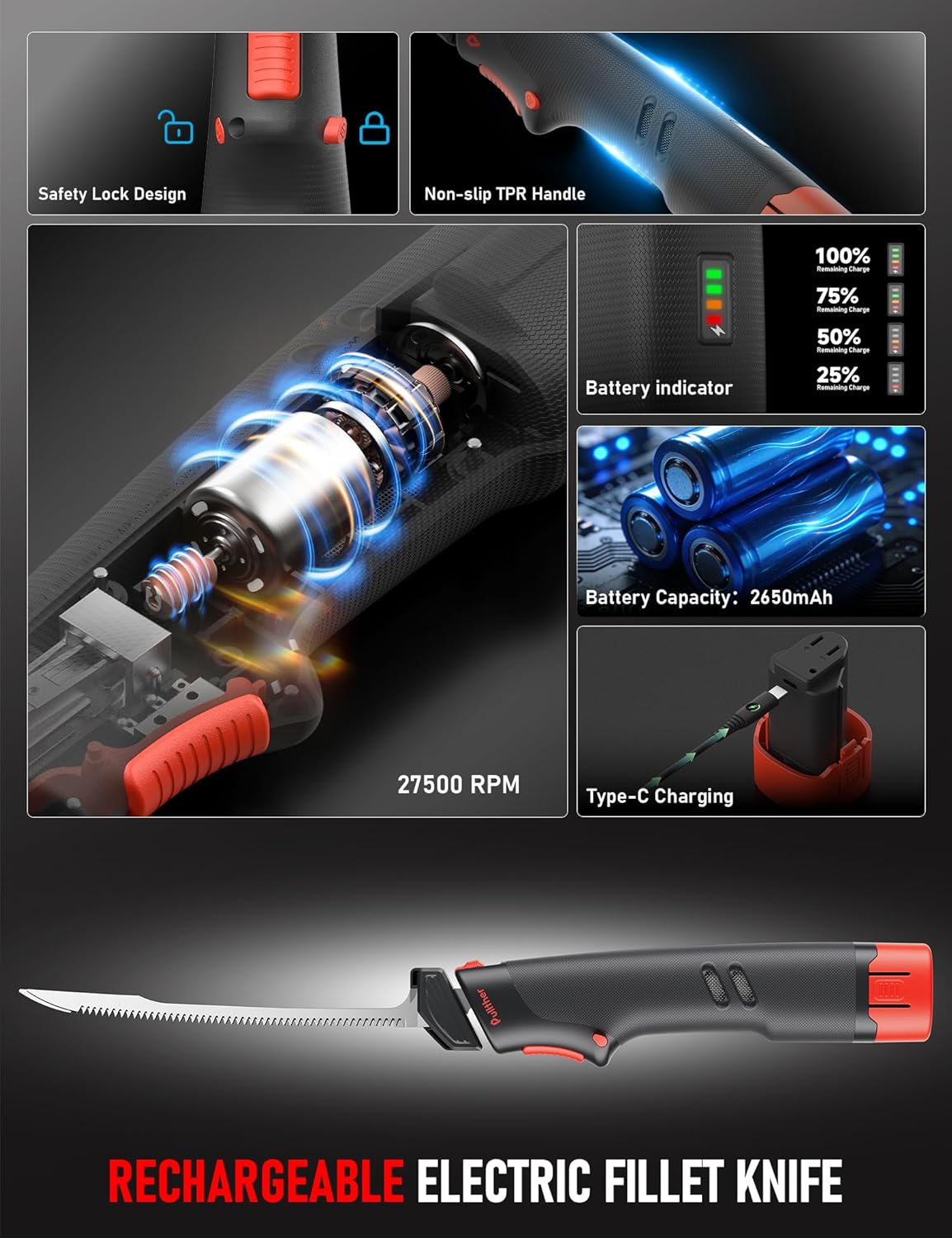 Electric Knife with 9" Stainless Steel Blades, 27500 RPM Motor Rechargeable Cordless Electric Fillet Knife with Non-slip Grip Handle and Safety Lock,Type-C Charge, Portable Carry Case