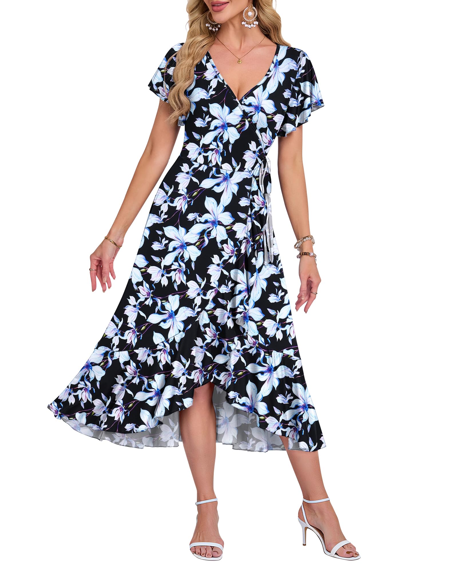 AUSELILY Summer Dresses for Women UK Midi Wrap Beach Casual V-Neck Short Sleeve Slit Ruffle Dress for Cocktail Wedding Guest