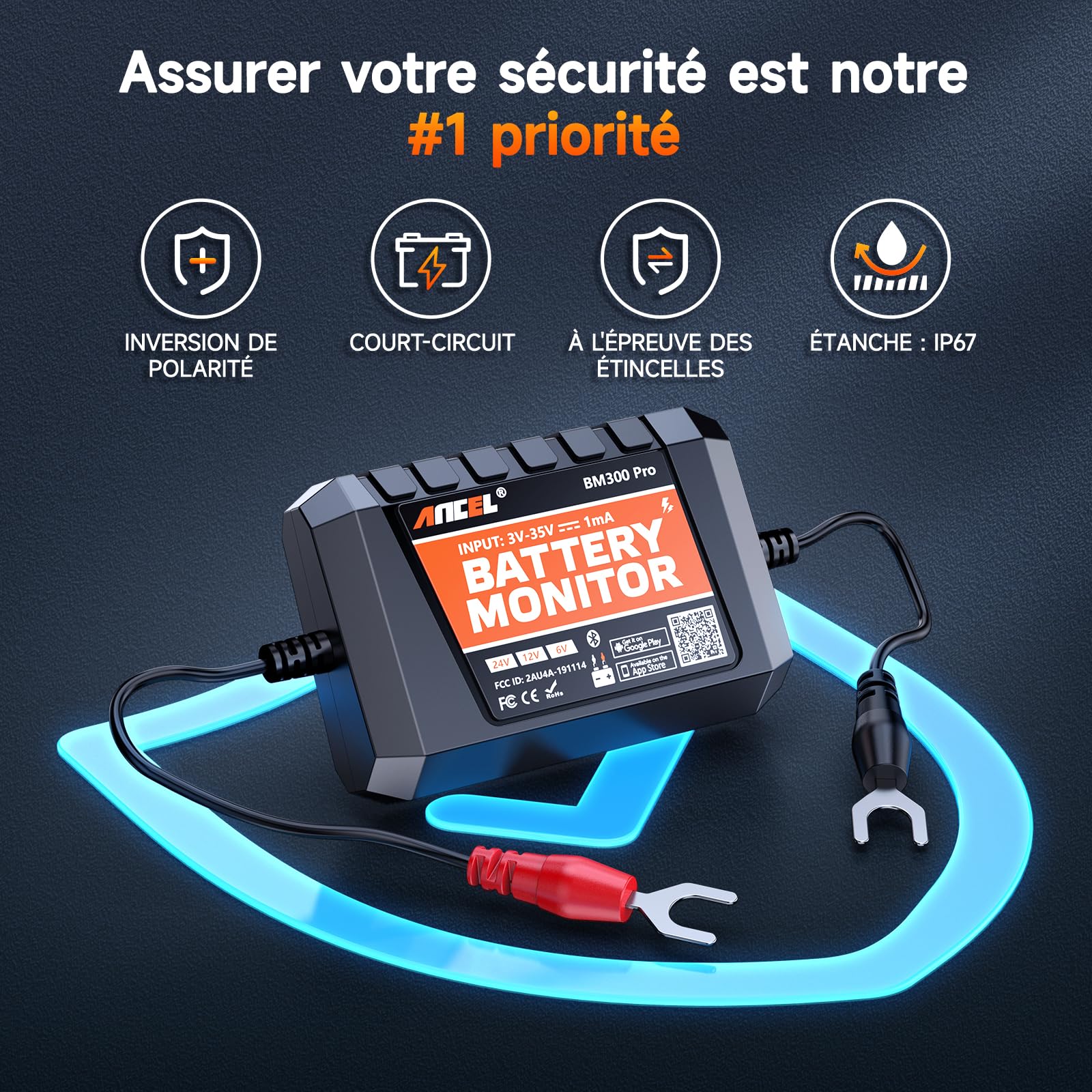 (Upgraded BM200) ANCEL BM300PRO Moniteur de Batterie 6V 12V 24V, Bluetooth 5.3 Battery Monitor de voiture avec test de charge, de système de démarrage & alarme, IP67 étanche pour camion moto bateau
