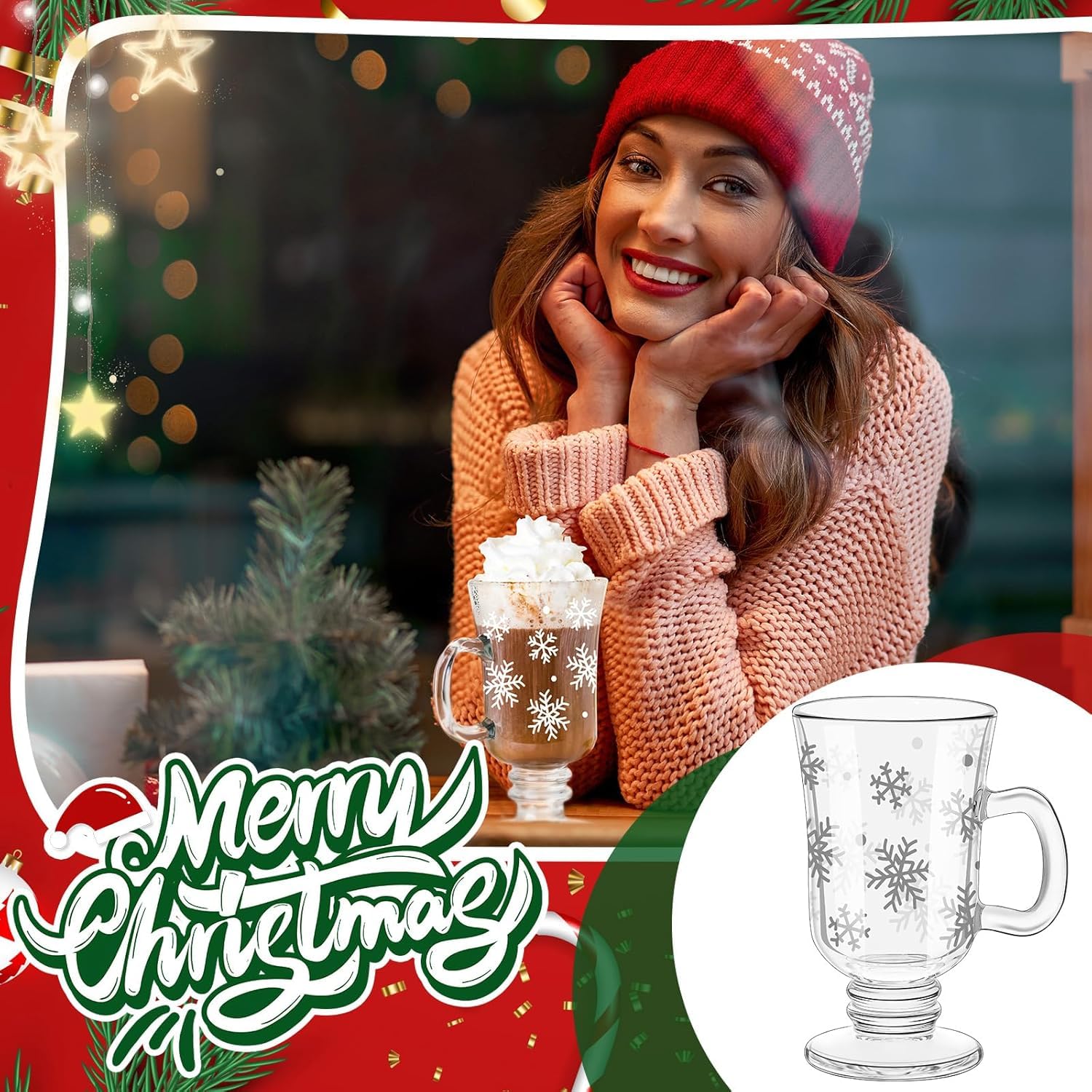 Sliner Kaffeetassen aus Glas mit Griff, 237 ml, transparent, irische Füße, Kaffeetassen, Winterurlaub, für Getränke, Latte, heiße Schokolade (Schneeflocke), 12 Stück