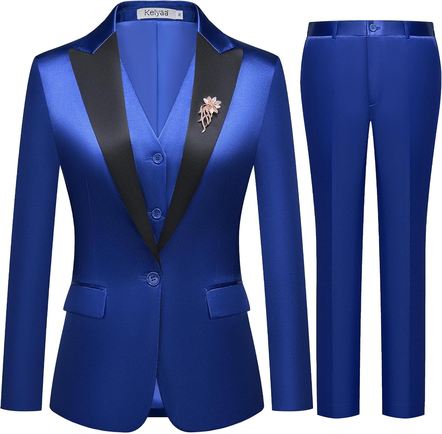 Women's 3 Pieces Satin Suit Black Peak Lapel Fashion Outfits Casual Party Wedding Blazer Jacket Vest Pants Set