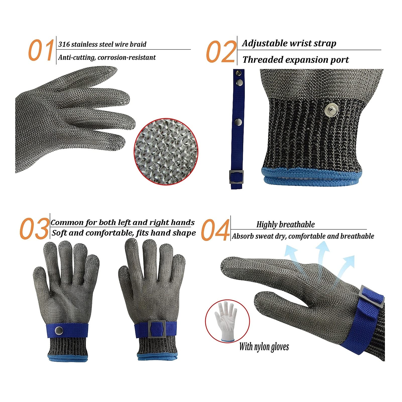 Antiestutado De Acero Inoxidable con 2pcs Guantes, Metal Seguro De Grado Alimenticio, Suave, Cómodo Y Fácil De Limpiar. (Color : Gloves-L, Size : 55X60cm)