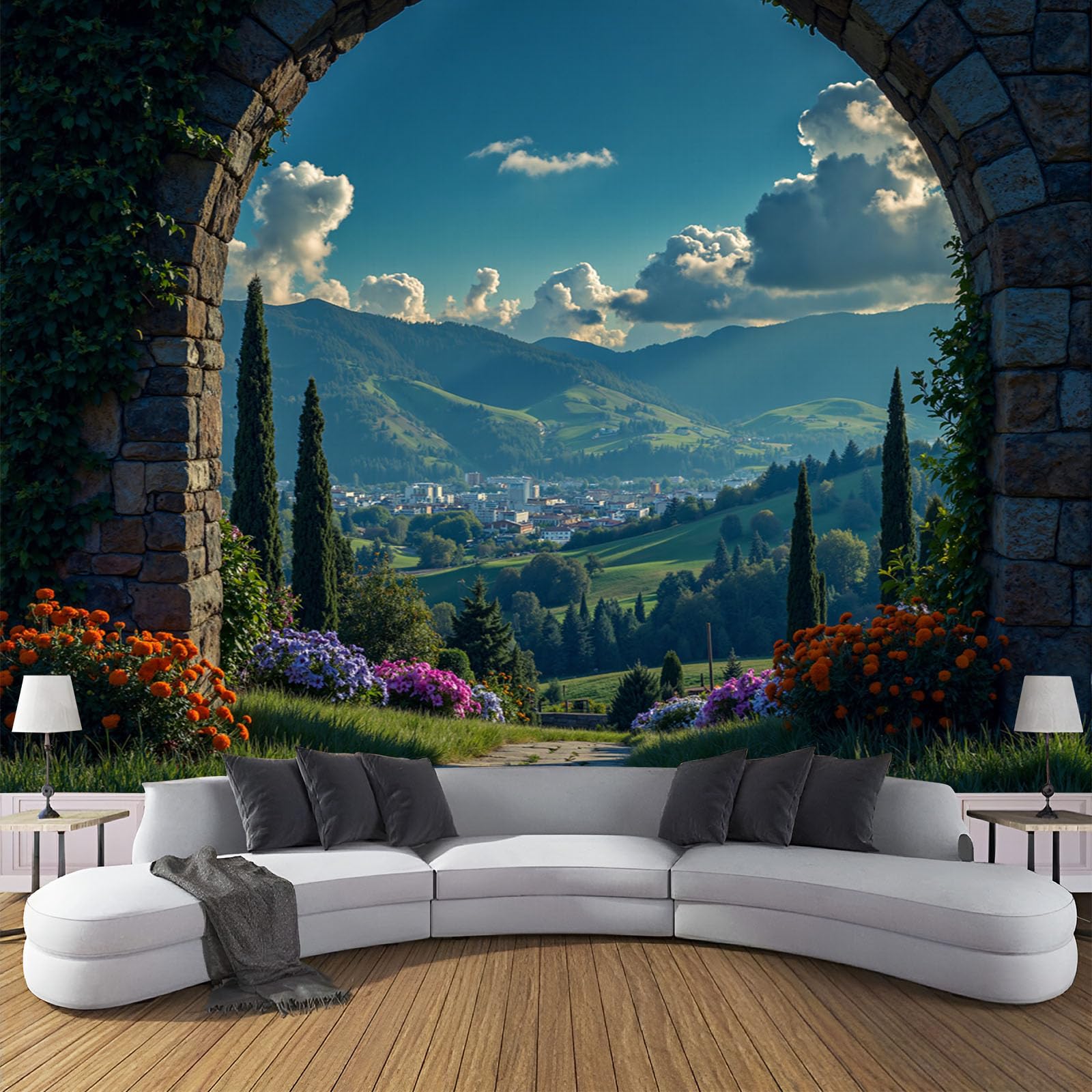 Paysage pastoral papier peint pour salon décor mural arche de la ville de pierre