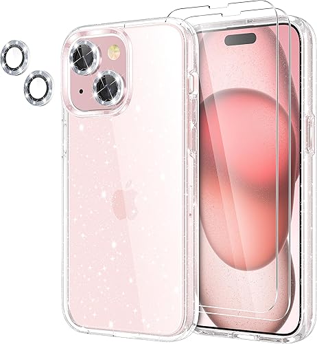Jasmeas Funda con purpurina para iPhone 15 de 6.1 pulgadas, con 2 unidades protector de pantalla y 2 unidades protector de lente de cámara brillante