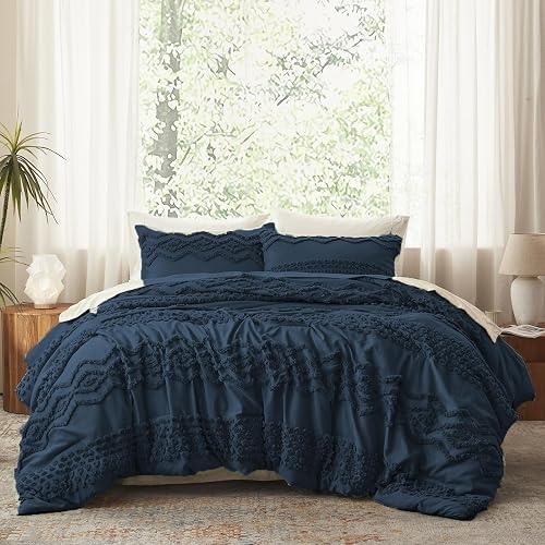 Luxudecor Navy Blue Tufted Comforter Set, 3 Pieces Queen Boho