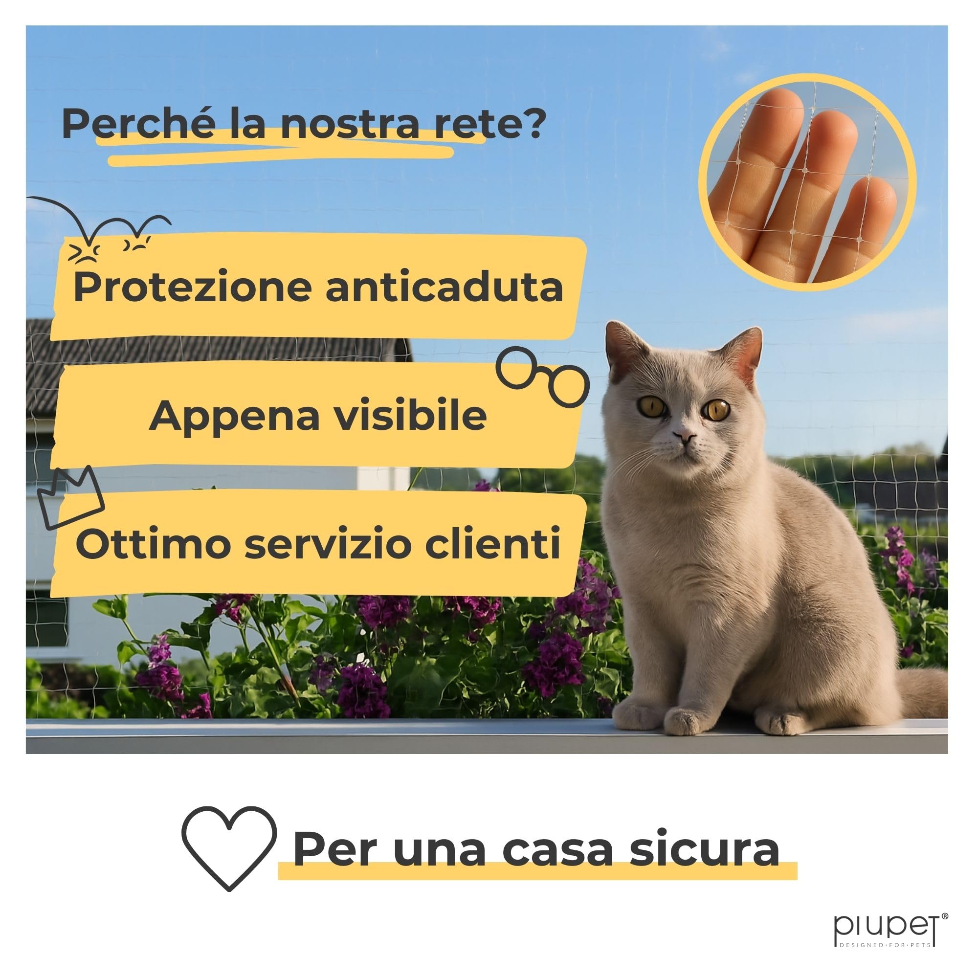 PiuPet® Rete per Gatti I Trasparente I 4x3m I Incl. Corda di Fissaggio I Rete per Gatti Balcone Trasparente I Rete Balcone per Gatti | Rete Protezione Balcone e Finestra per Gatti