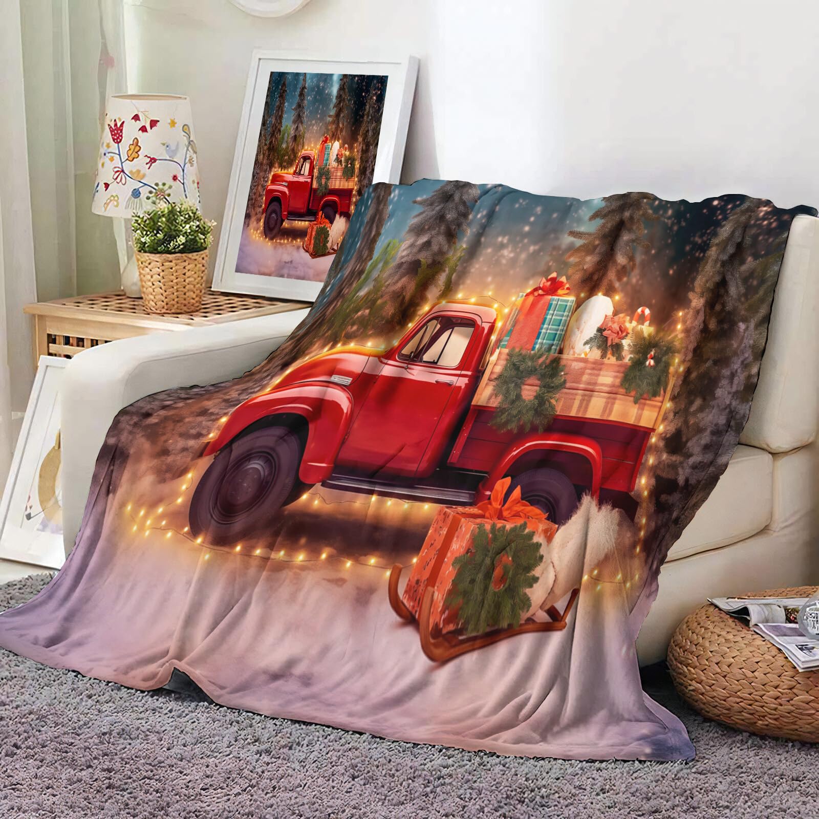 Manta De Navidad Rojo Verde Camión Pino 220X240Cm Suave Cálida Y Peluda Decoración Navideña,Acogedora Paisaje del Festival Adolescentes De Adultos para TV Sofá En Vacaciones
