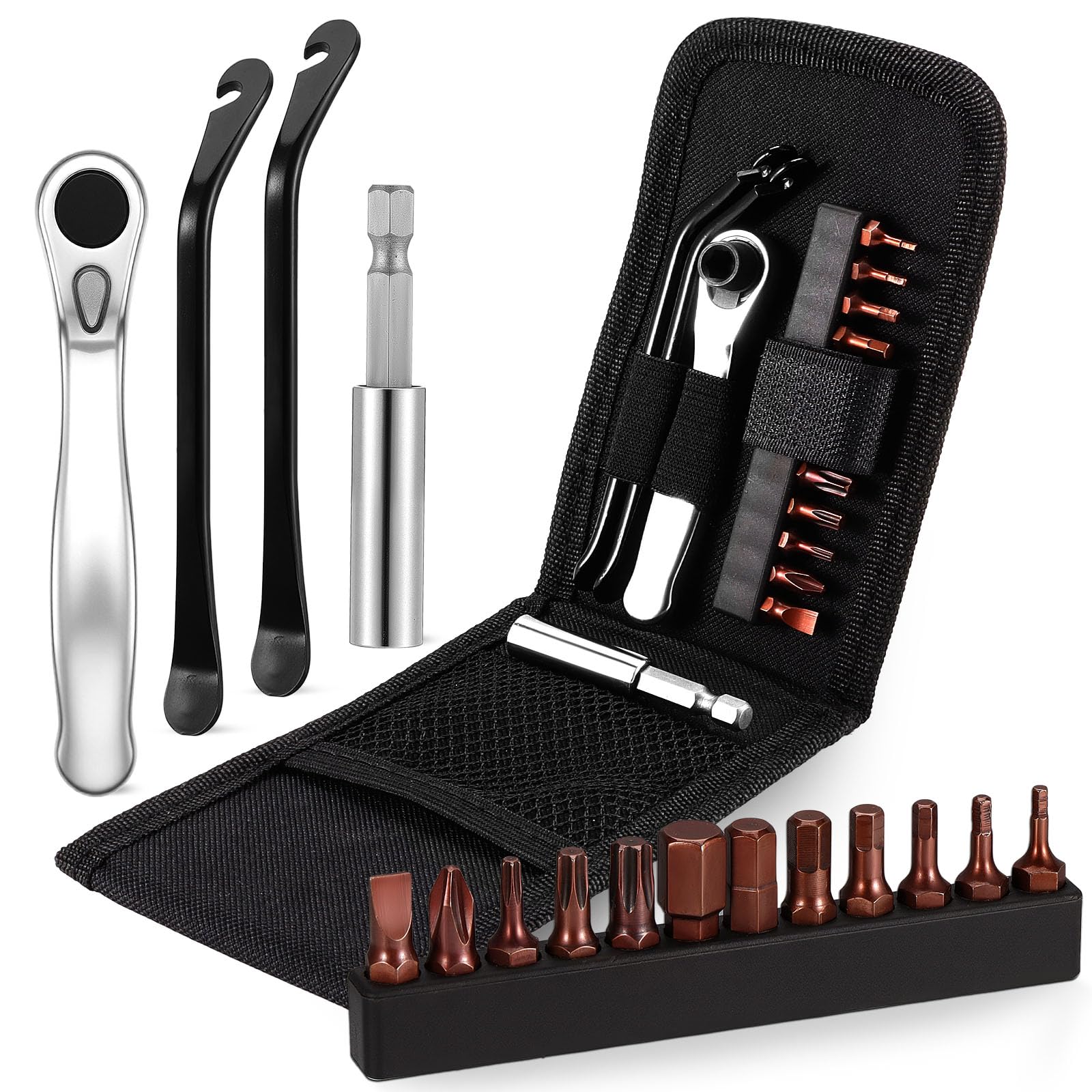 eROOSY Mini Ratchet Wrench with Screwdriver Bits, 1/4 Inch Ratchet Wrench Set, 72 Teeth Mini Ratchet with 12 Bits, Tyre Lever, Magnetic Bit Extension, Bicycle Tool Set for Travel and Home