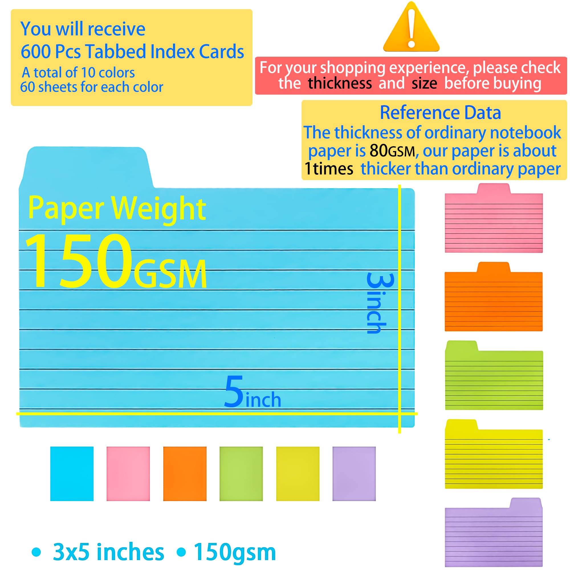 MotBach 500 PCS Tabbed Index Cards,3 X 5, Colorful Lined