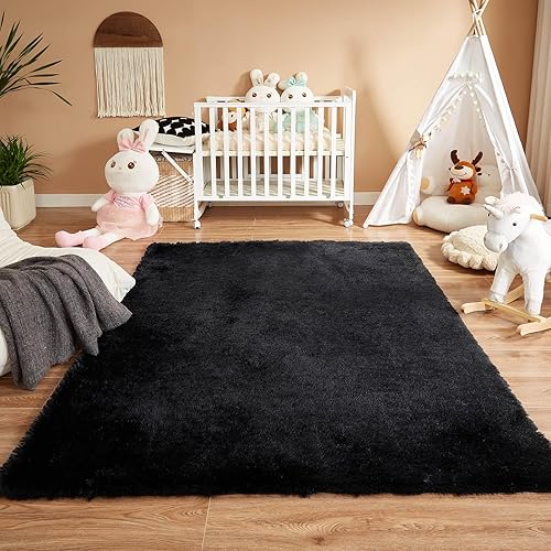 Miniatura 4 de Floralux Alfombra negra de 5 x 7 pies para dormitorio, ultra suave, esponjosa, para sala de estar, alfombra moderna antideslizante para el suelo