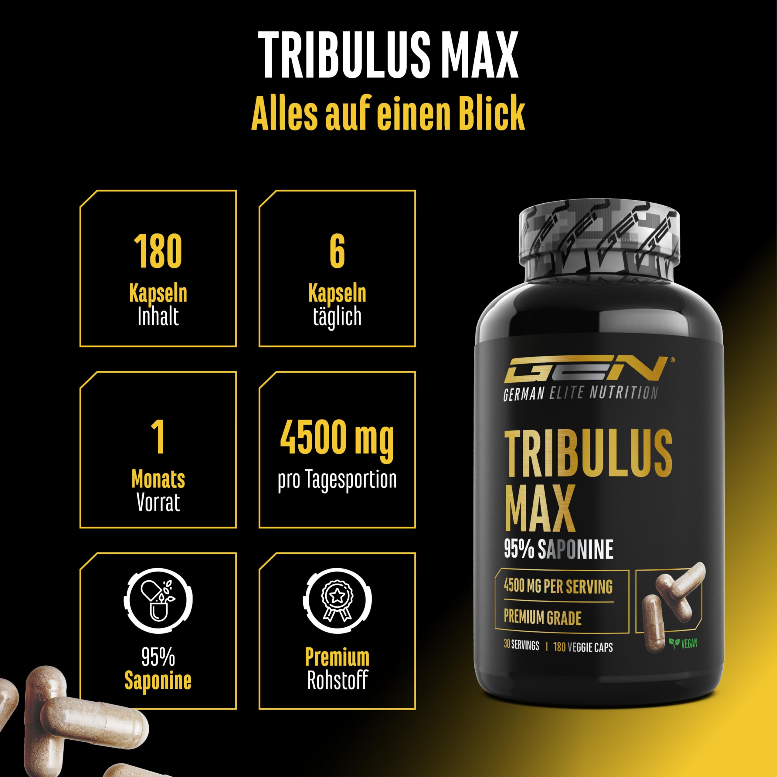 Tribulus Max - 180 Kapseln - Hochdosiert mit 4500 mg pro Tagesdosis - 95% Saponine - Reines Tribulus Terrestris Extrakt 10:1 - Ohne unnötige Zusätze, vegan