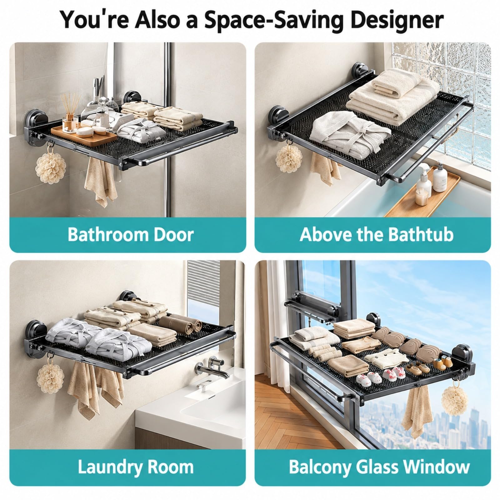 44/60CmAccesorios BañO Sin Taladro Ventosa Colgador BañO Negro Plegables