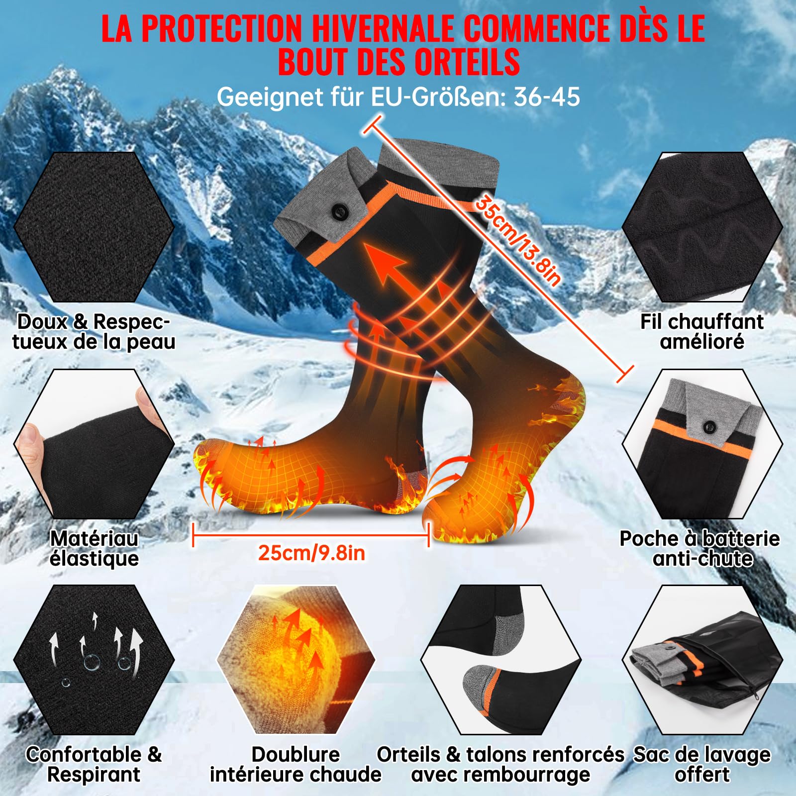 Chaussettes Chauffantes Électriques avec Batterie 8500mAh, Télécommande APP, 70°C, pour Ski Camping Cyclisme
