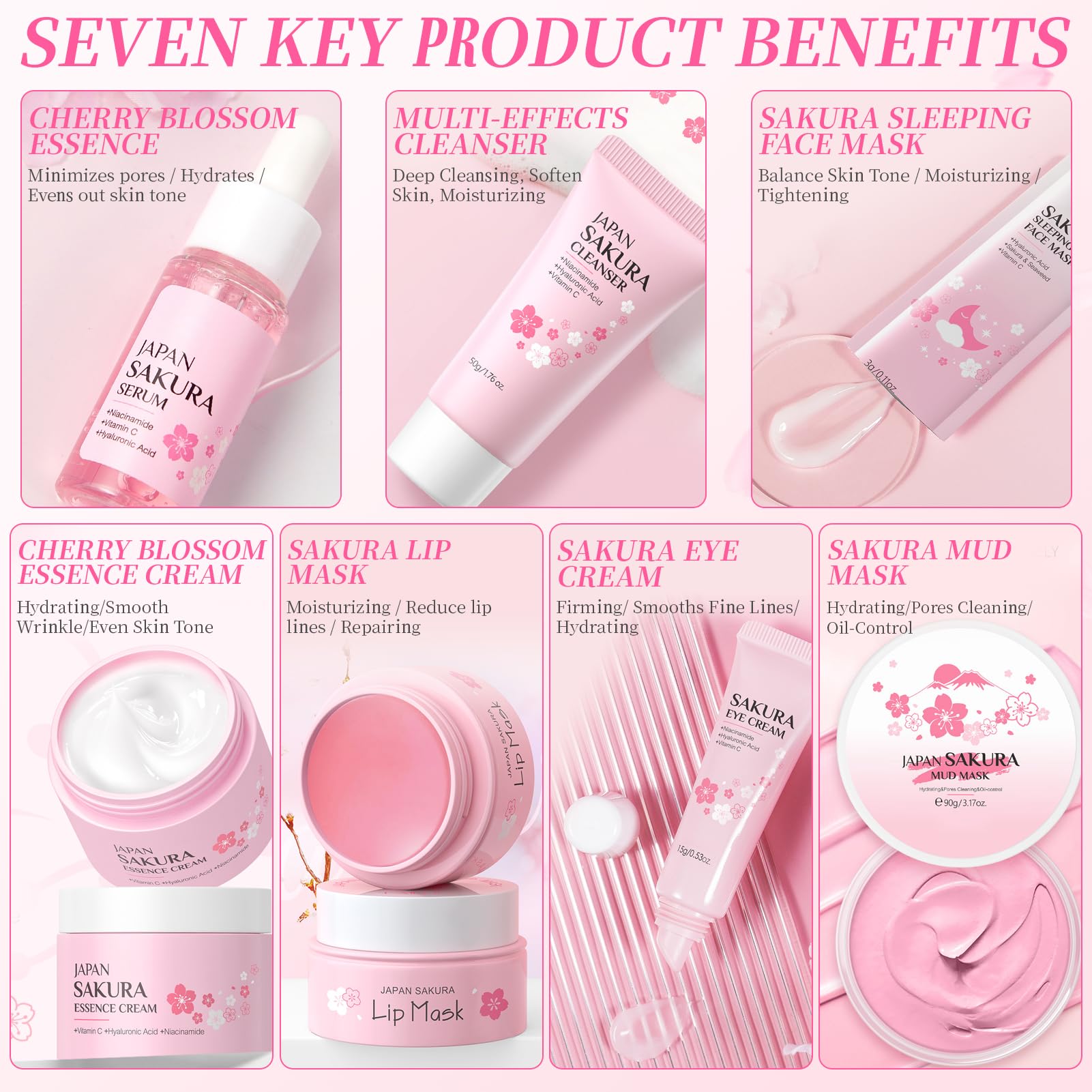 Kit per la Cura della Pelle Sakura 14 Pezzi,Include detergente, essenza, crema, maschera di fango,Sakura Skincare Set,Set Skincare Viso Completo per Ragazze e Donne