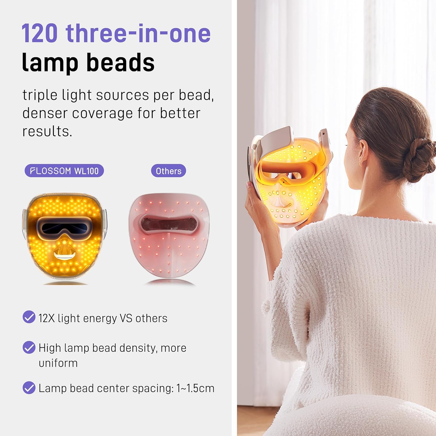 FLOSSOM WL100 LED Face Mask, Yellow Light Therapy for Face, 3 Skincare Modes, Portable LED Facial Device at Home for Lighten Dark Spots, Reduce Redness and Fine Wrinkles - Image 4