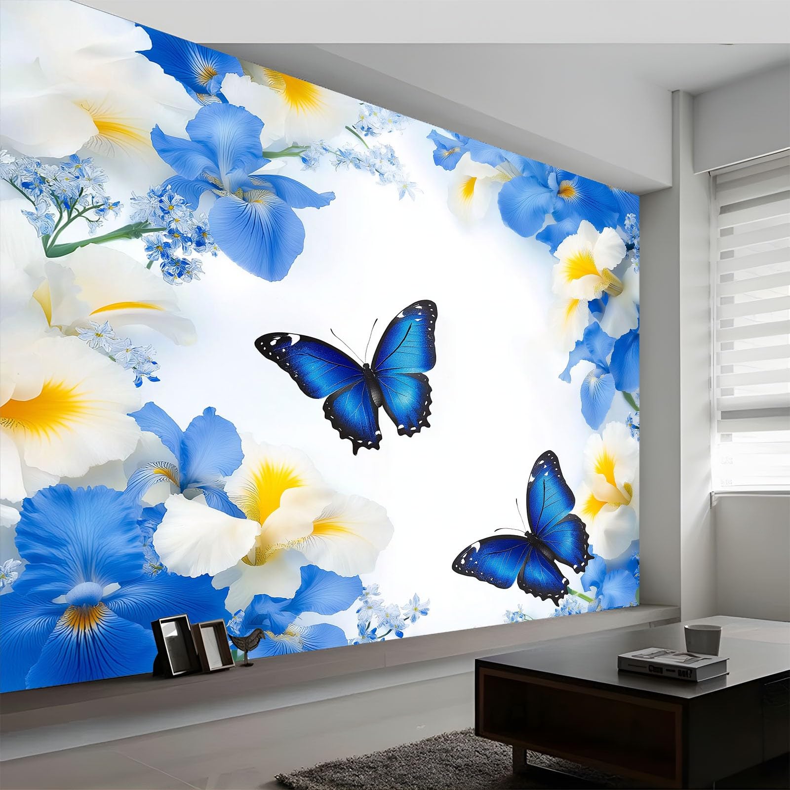Fototapeta z niebieskimi motylami, kwiatami, efekt 3D, fototapeta, motyw tapety, tapeta z włókniny, nowoczesna tapeta ścienna, dekoracja do sypialni, salonu, 300 x 210 cm
