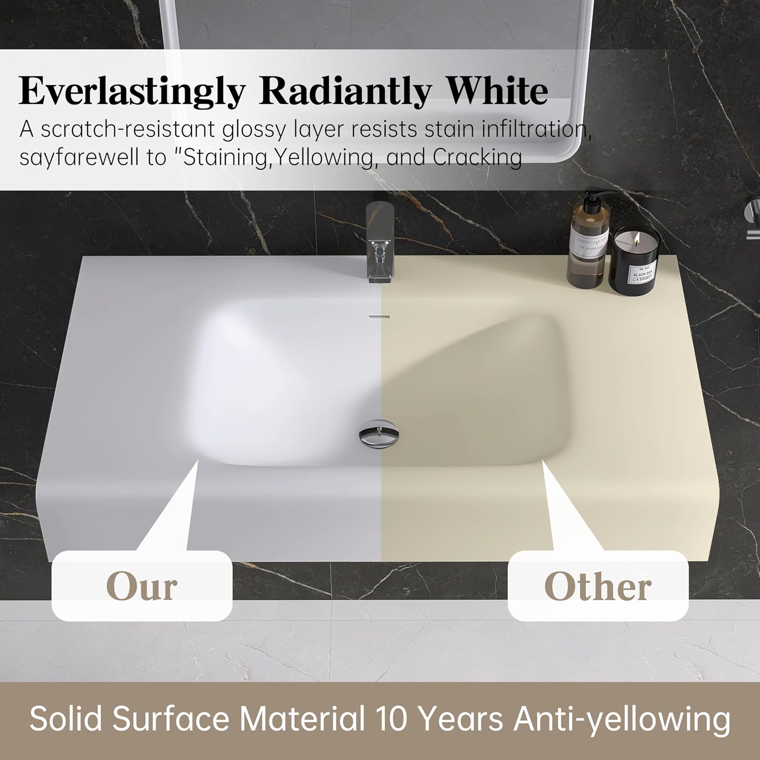 39"x22" Wall-Mounted Stone Resin Rectangular Vessel Sink, Modern Floating Bathroom Sink for Vanity, Art Basin Trough, Durable and Stylish Bathroom Sink for Modern Homes
