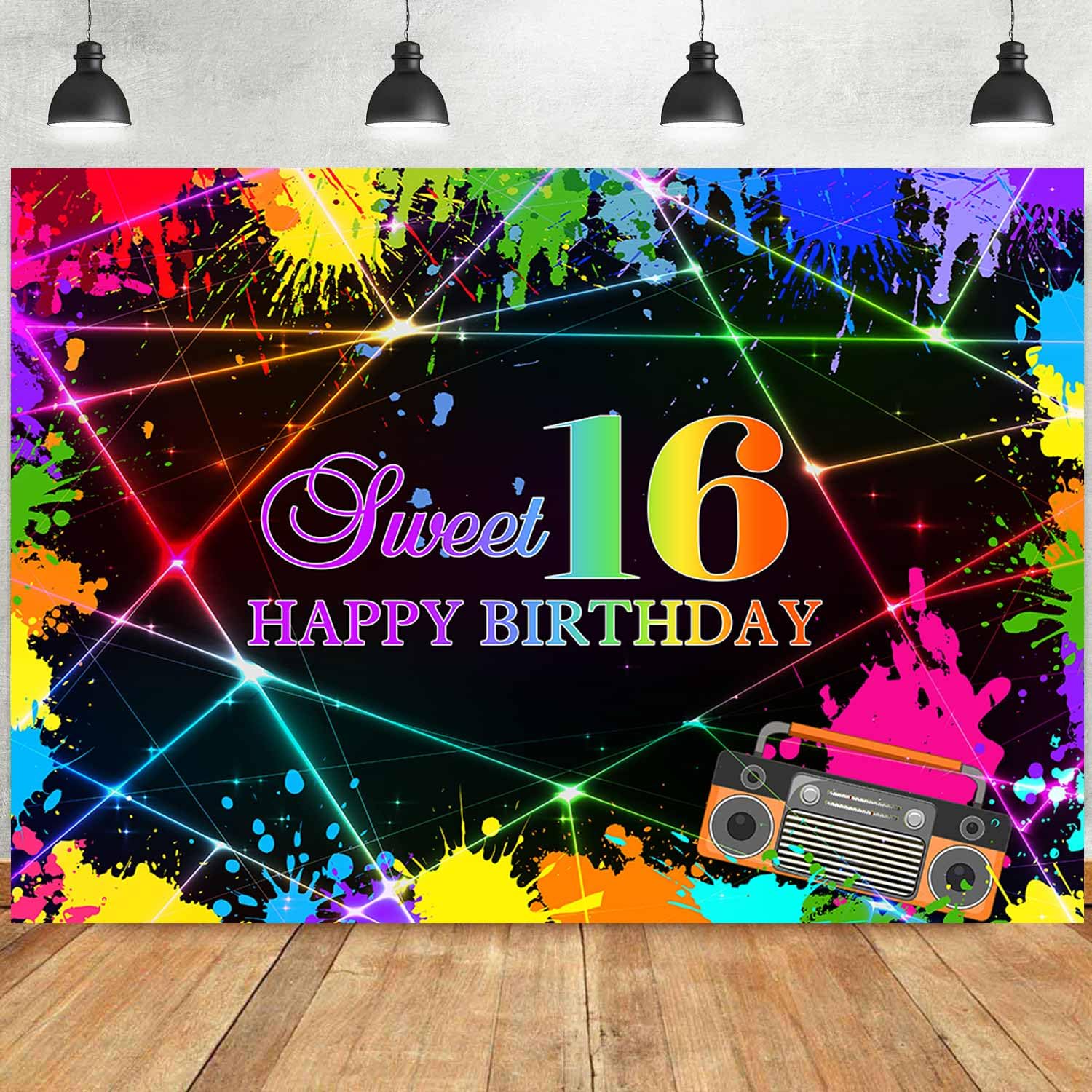 Ayayiya Sweet 16 Birthday Backdrop Neon Glow Sweet Sixteen Background Laser Line Glow in The Dark 16th Birthday Banner Graffiti Splatter Sweet 16
