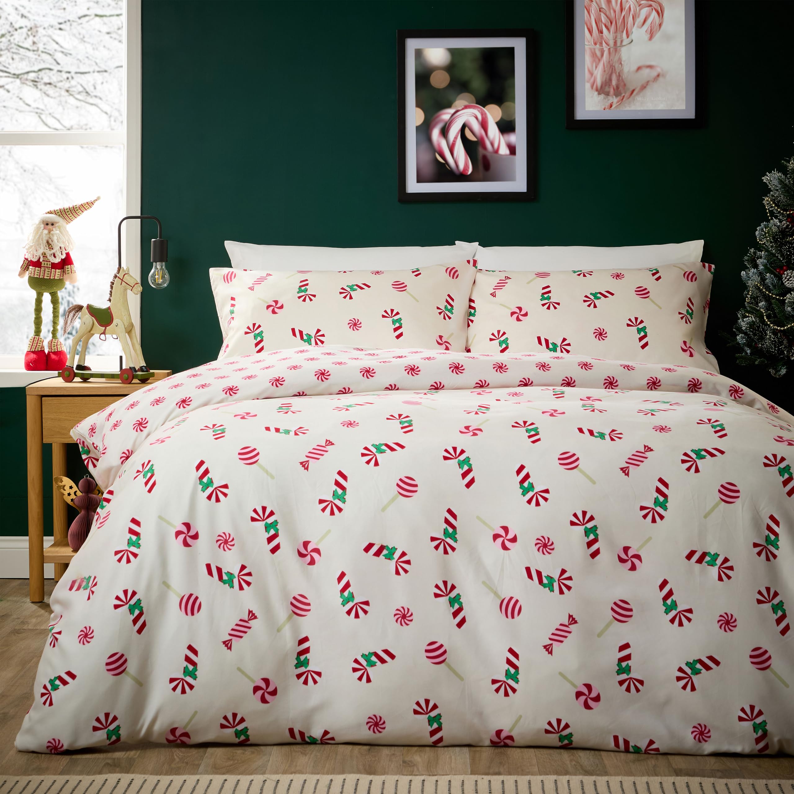 Olivia Rocco Christmas Duvet Cover Set Festive Bedding Quilt Cover Xmas with Pillowcases Reversible Design Easy Care Bed Linen Sets, Candy Cane Sweets Multi, King