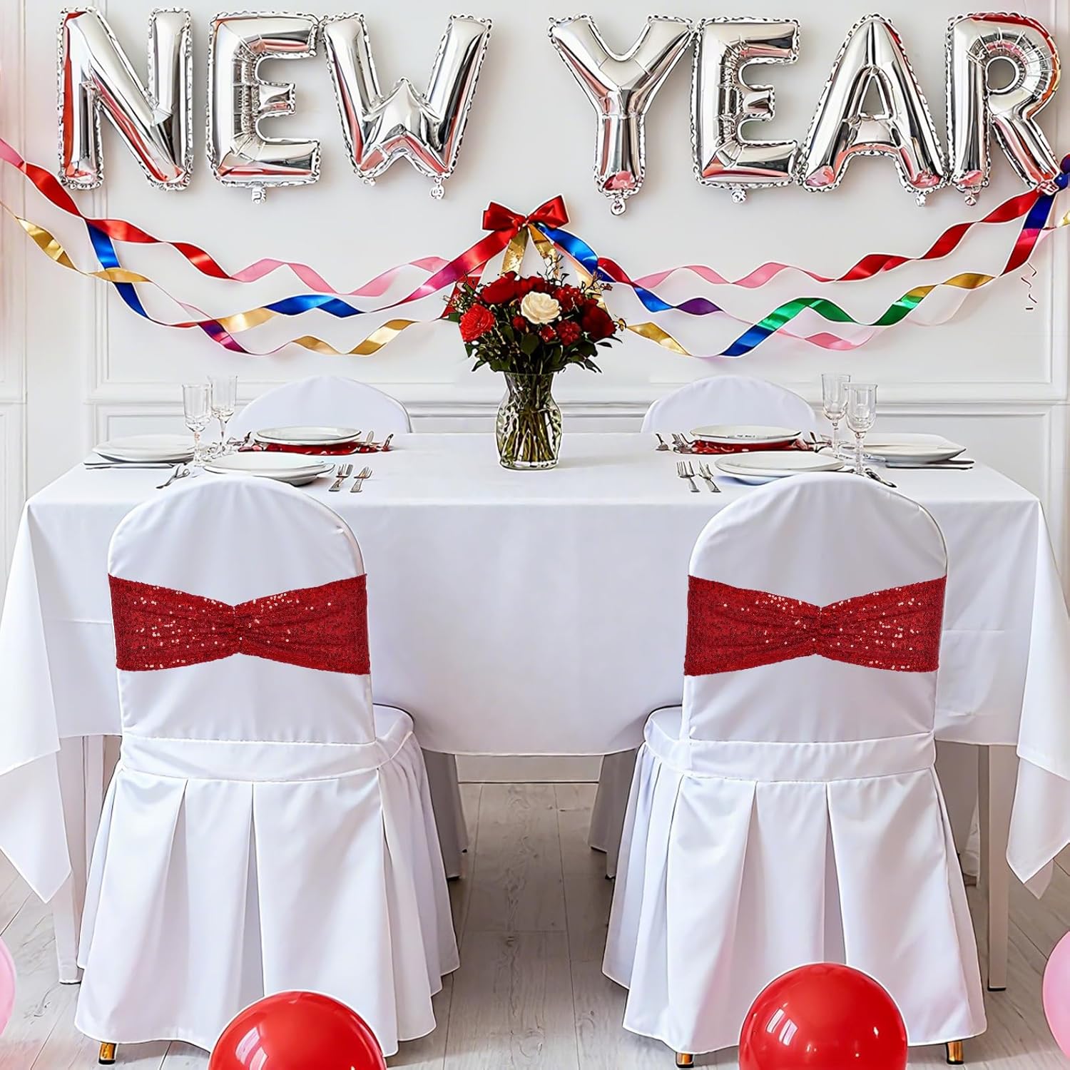 Eternal Beauty Set of 100 Sequin Bow Sashes Red Chair Sashes for Wedding Hotel Party Banquet Chair Cover Decorations