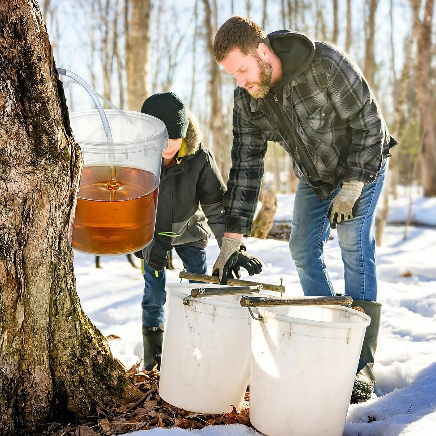 3 Sets Maple Syrup Tapping Kit Maple Sugar Starter Kit Included 3 Buckets with Lid, 3 Metal Maples Syrup Taps, 3 Maples Syrups Filters, 1 Syrups Tube 1 Cleaning Brush for Spiles (Clear)